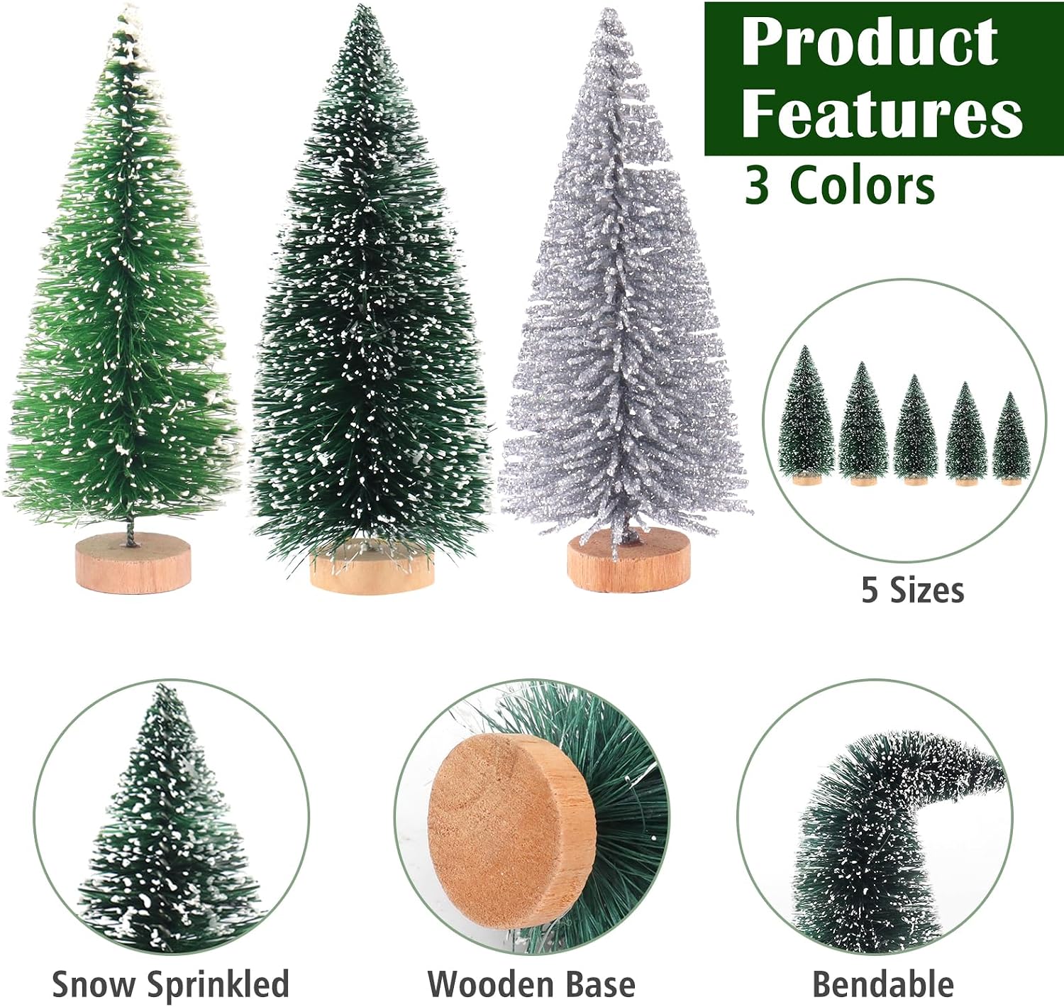 30Pcs Mini Christmas Trees - Artificial Christmas Tree Bottle Brush Trees with 5 Sizes, Snow Trees with Wooden Base for Christmas Party Home Table Craft Decor (Silver+Green+DarkGreen) image 2