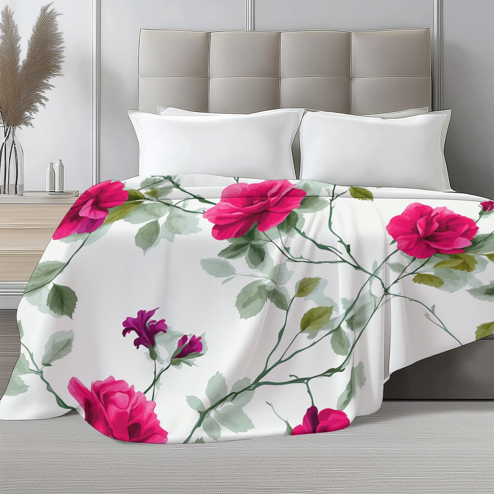 Genérico Manta de Forro Polar de Franela 220 x 240 cm, Crema Manta Estampada con Retro Flores Rosas Rosadas Enredaderas - Invierno Calentitas para Niñas Niños Adultos