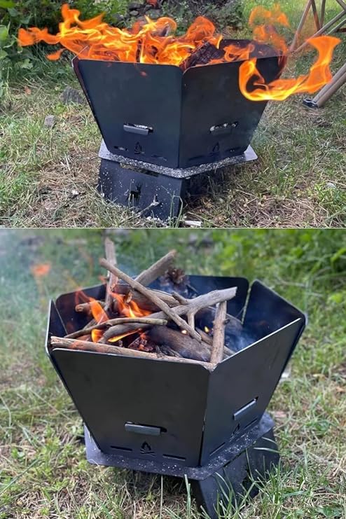 practicaloutdoor Hexagonal Fire Pit, Fully Folding Practical Fireplace - With Bag