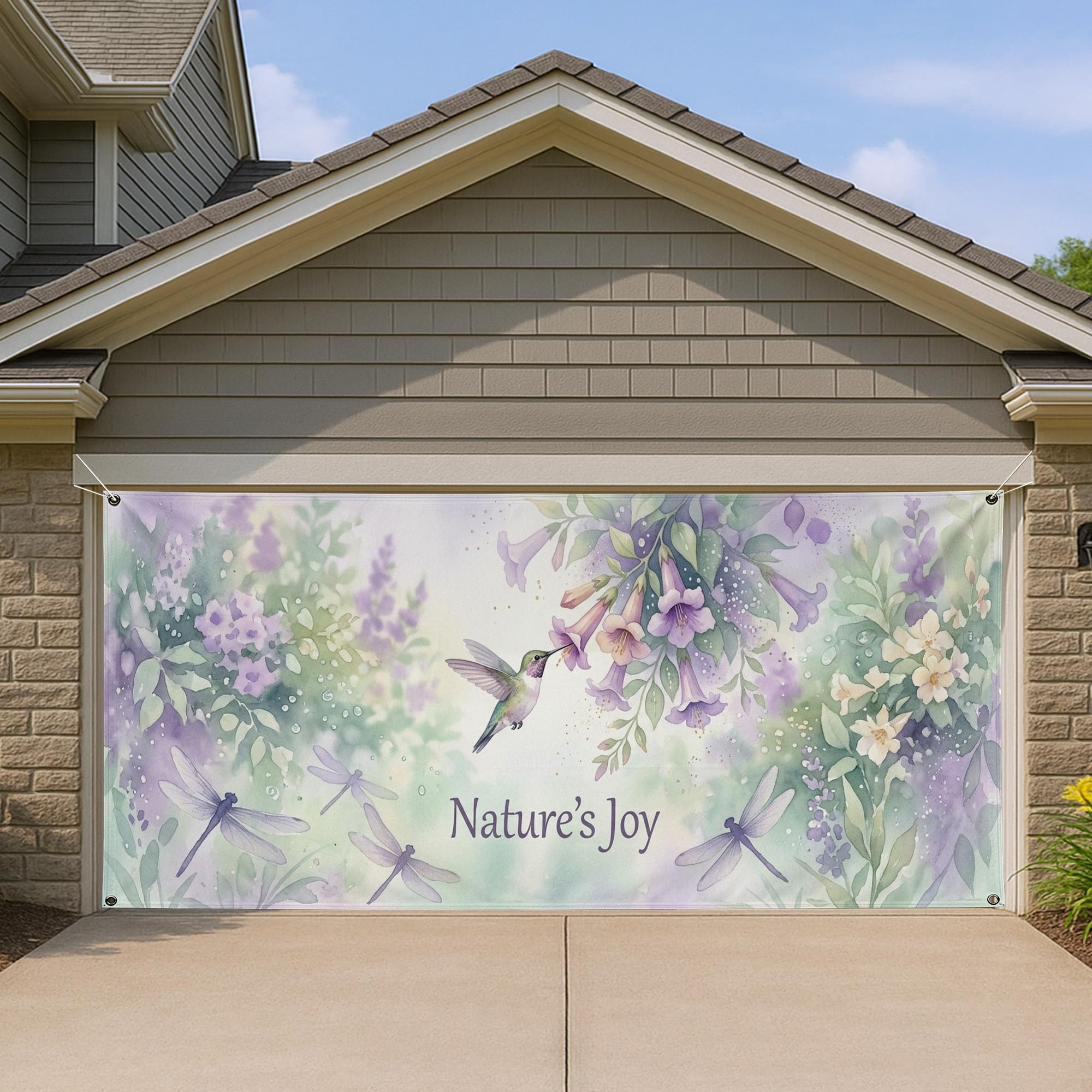 Décoration extérieure pour porte de garage design colibri fleurs élégantes 397x180