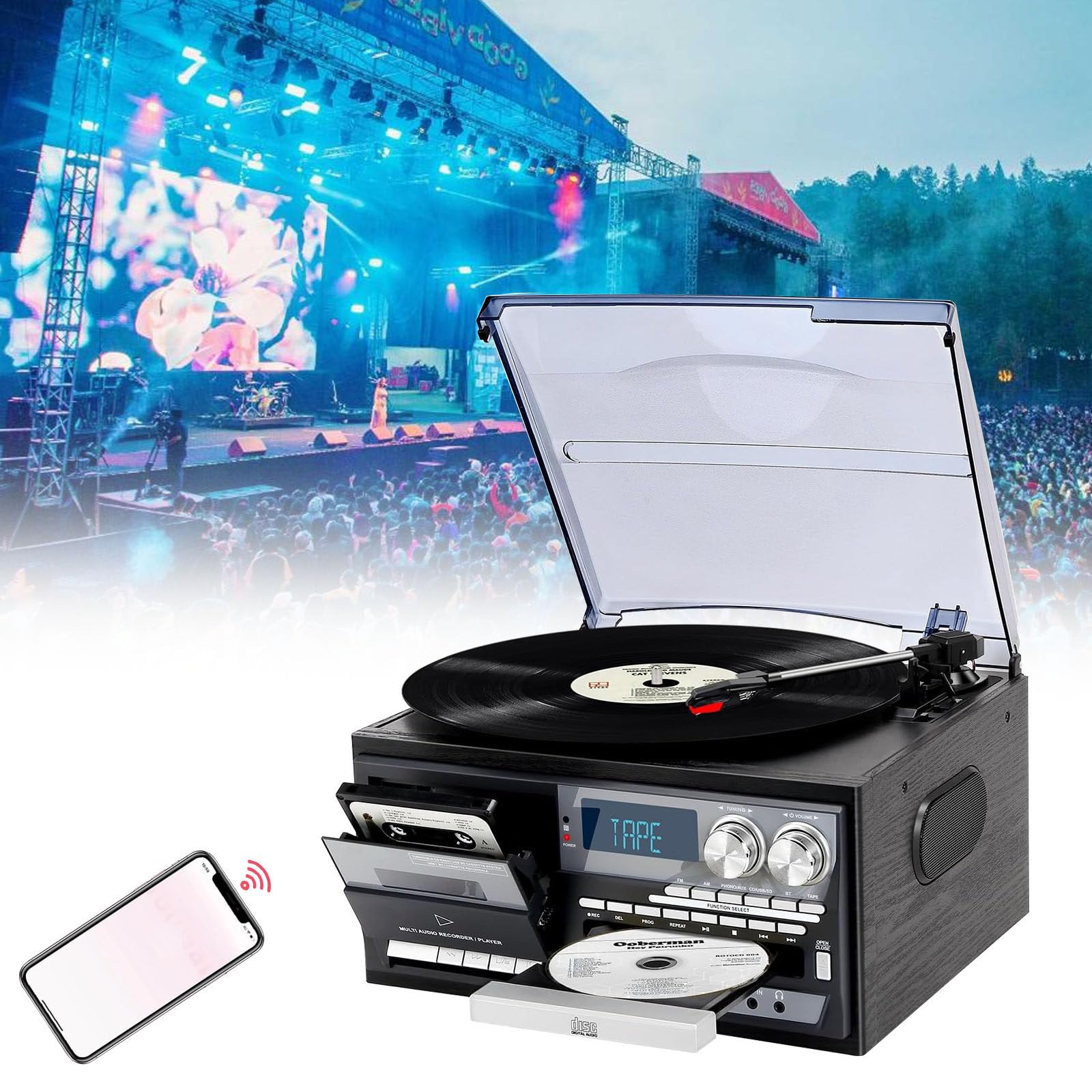 Giradischi in Vinile A 3 velocità, Giradischi Vintage CD/Cassette, Radio Am/FM, Riproduzione USB/SD, Fonografo Portatile, Dispositivo Audio Completamente Automatico A Cinghia,Black