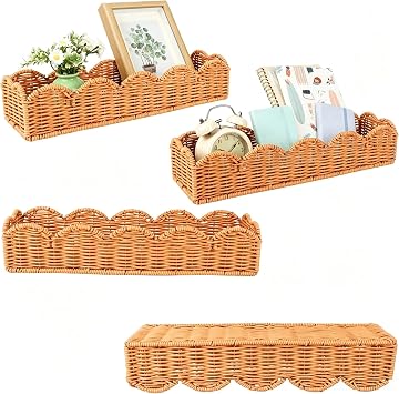 4 Set Nursery Book Shelves Scalloped Plastic Artificial Rattan Classroom Wall Shelf 15.8 Inch Wall Mounted Floating Bookshelve, Hanging Boho Wicker Woven Shelf for Bedroom Farmhouse Decor 4, Brown