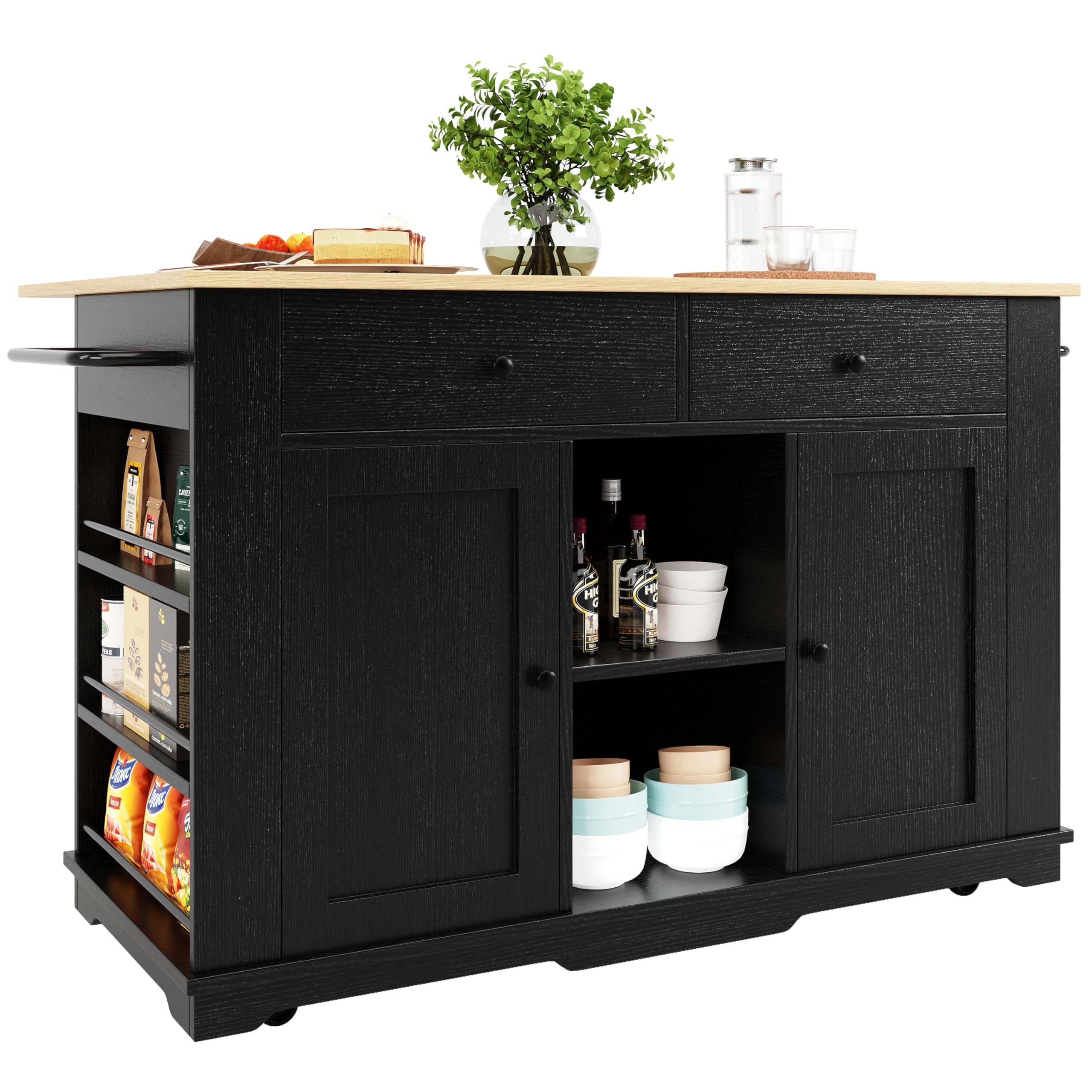 Httcg Kitchen Island on Wheels with Foldable Countertop and Power Strip, Kitchen Island Cabinet with Open Shelving and Door, White Sideboard Storage Cupboard with Drawer, 130x59.7-84.7x91.7 cm