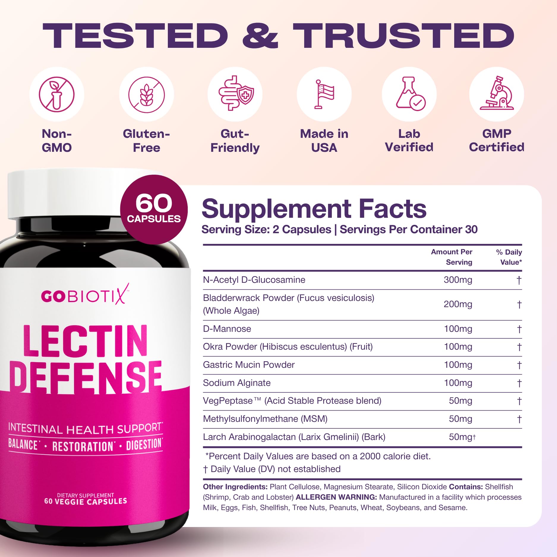 GOBIOTIX Lectin Defense - Lectin Blocker Supplement for Leaky Gut with MSM and Digestive Enzymes - Aids in Intestinal Health for Women and Men - Non-GMO + Gluten Free - 60 Capsules (2) — Amazon image 6