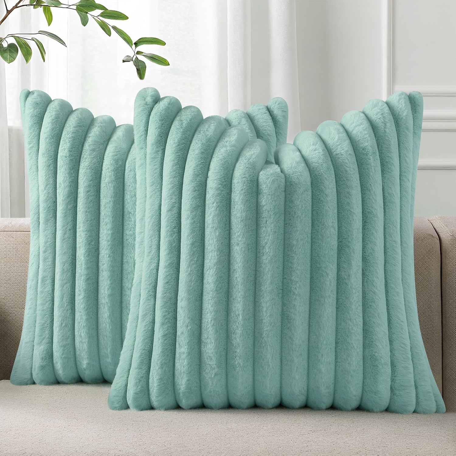 Homaxy Faux Fur Cushion Covers 65x65cm Set of 2, Aqua