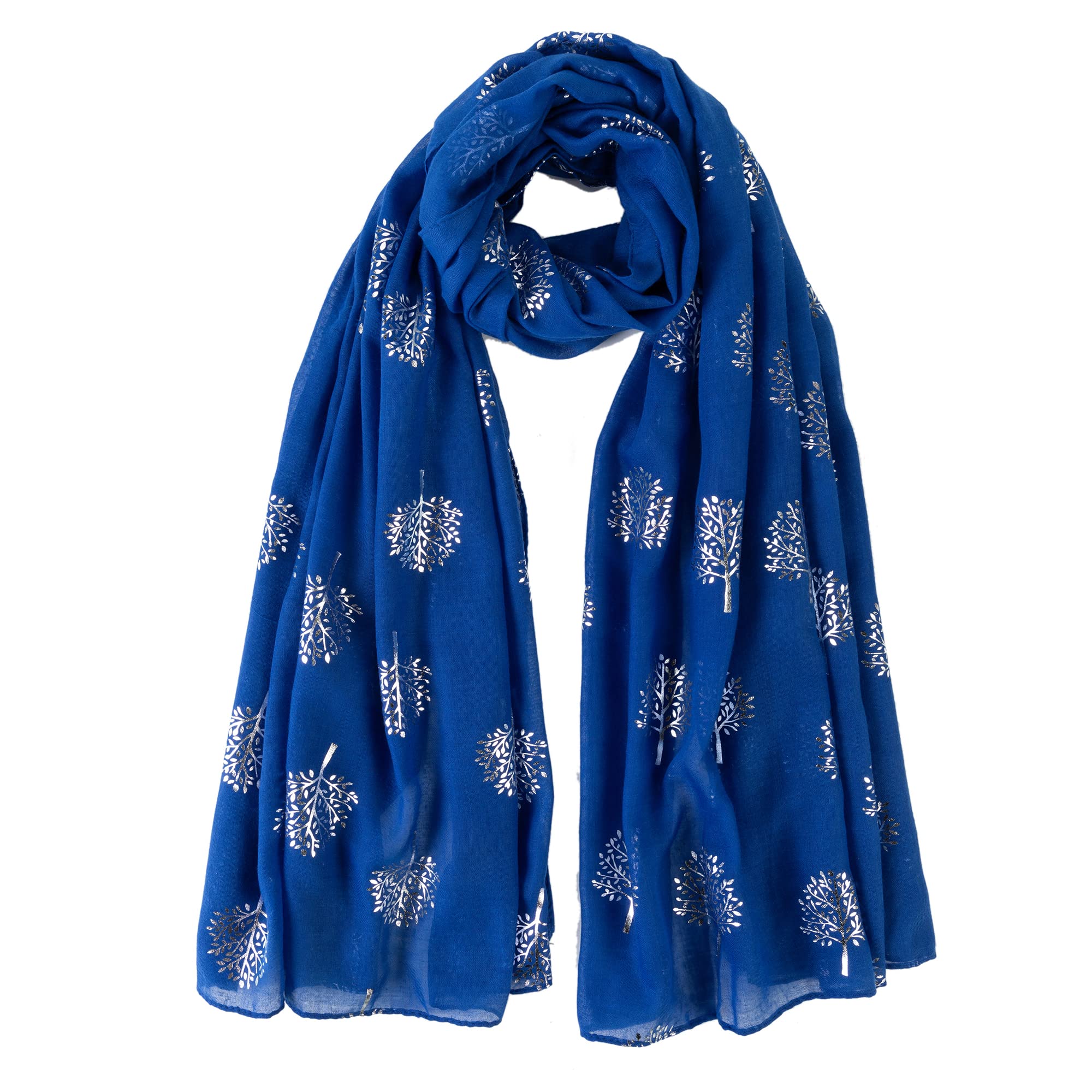 London Scarfs Glitter Mulberry Trees Scarf Women Foil Printed Tree Fashion Ladies Wrap (Royal Blue With Silver Foil mulberry Tree)