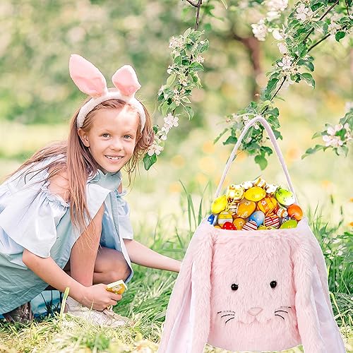 Miniatura 4 de Cesta de conejo de Pascua de felpa, cubos de Pascua con monograma con orejas largas de felpa, bolsas de regalo de Pascua para niños y niñas, bolsas