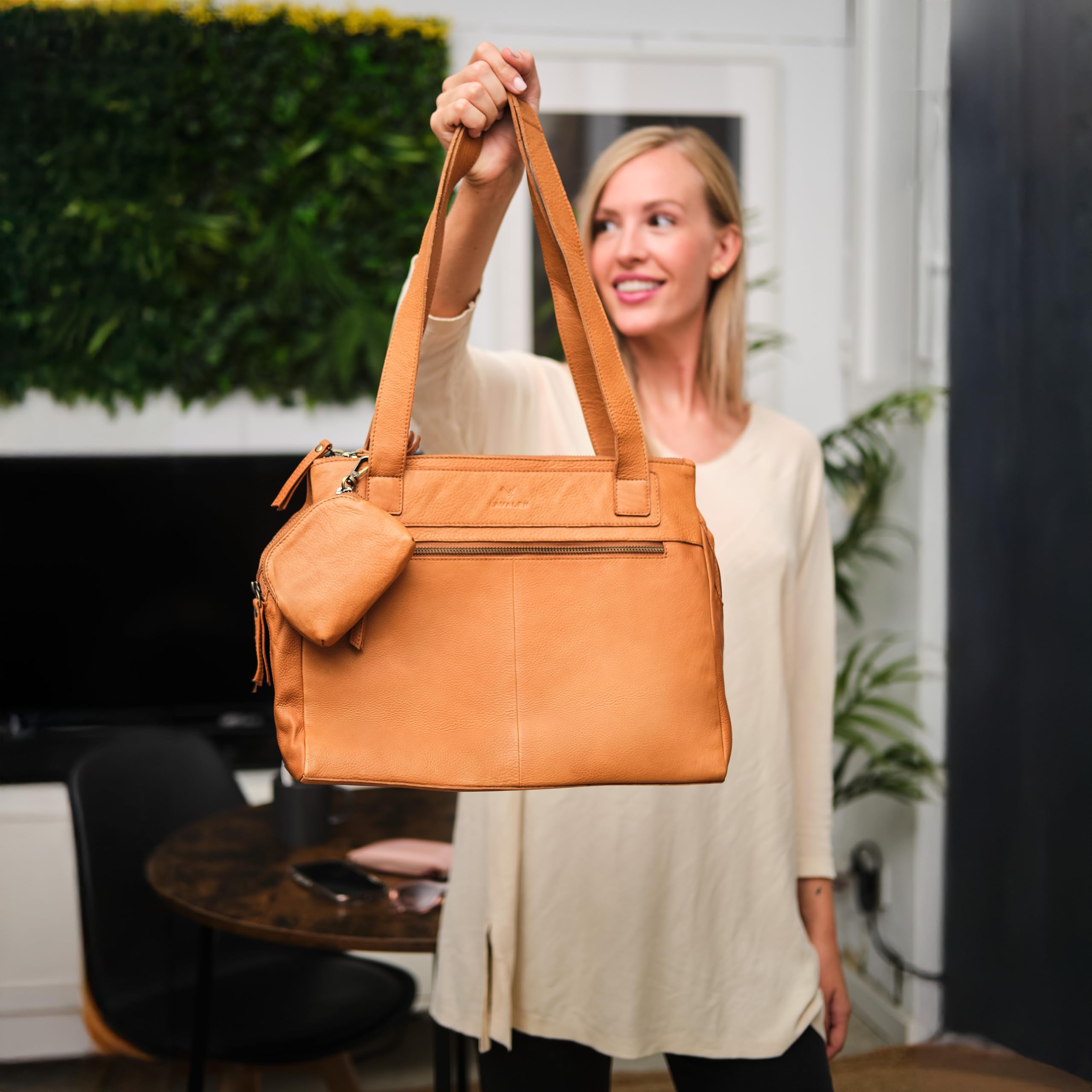 Bolso Tote Bag Mujer Piel Auténtica - Bolso Mujer Grande con Estilo - Tote Bag de Cuero con múltiples Cremalleras - Muchos Compartimentos para uso diario – Monedero de Regalo.