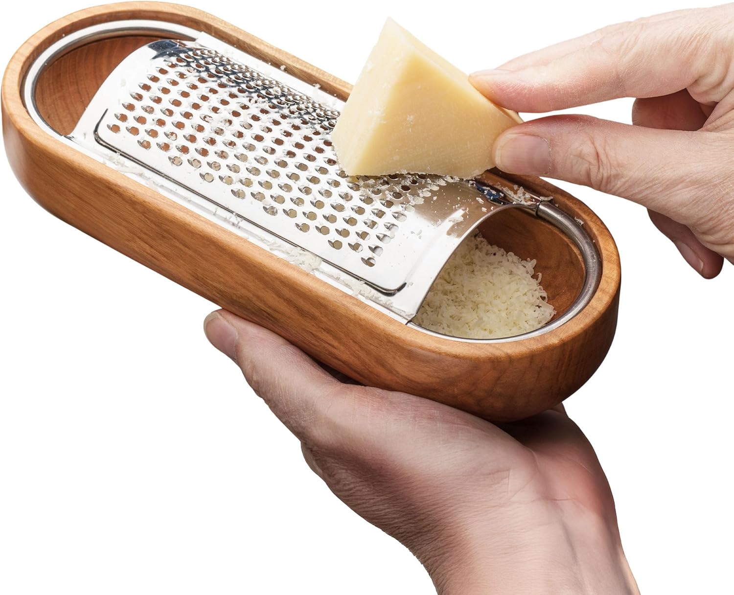 Rallador de queso con recipiente, rallador de queso de acero inoxidable con cuenco de madera de cerezo, triturador fino de cocina para queso duro,