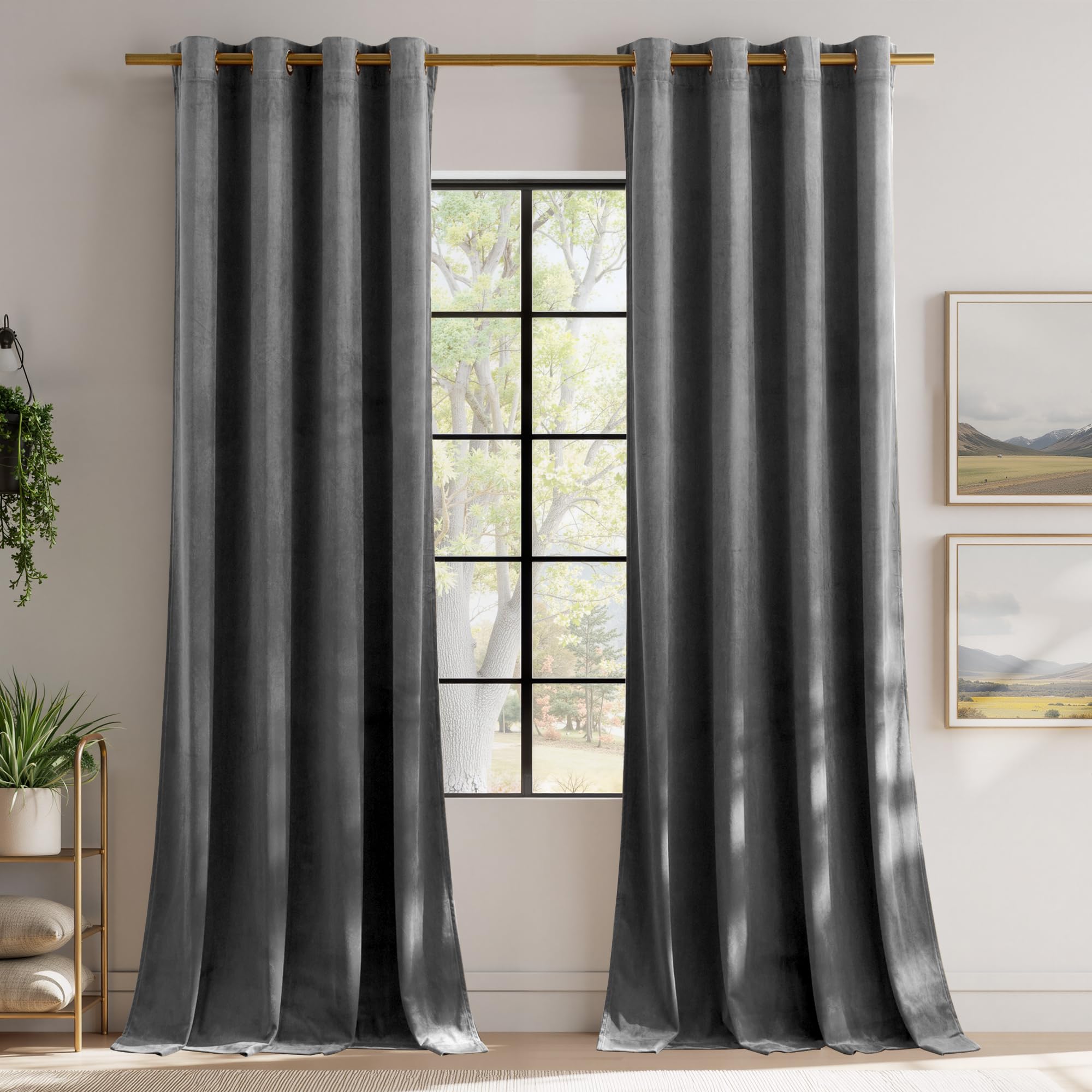 PONY DANCE Eyelet Blackout Velvet Curtains, 90x90 Inch, Grey, 2 Panels — image 1