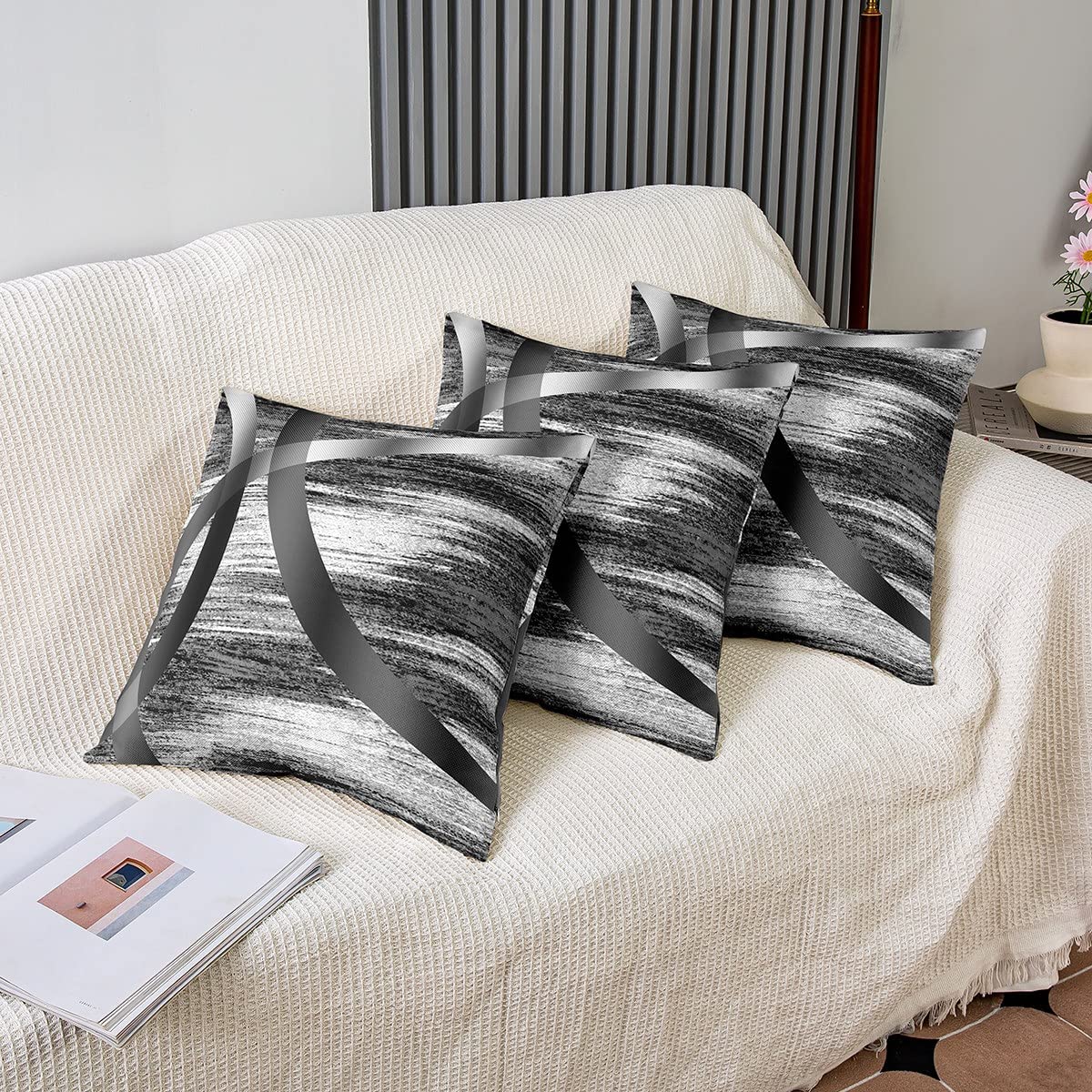 Loussiesd Black Grey Stripes Square Cushion Covers Set of 2 Geometric Reversible Throw Pillow Covers Pillow Covers Home Decor Set Women Men Decor Modern Abstract Striped Art Closure 18x18 Inch - Image 4