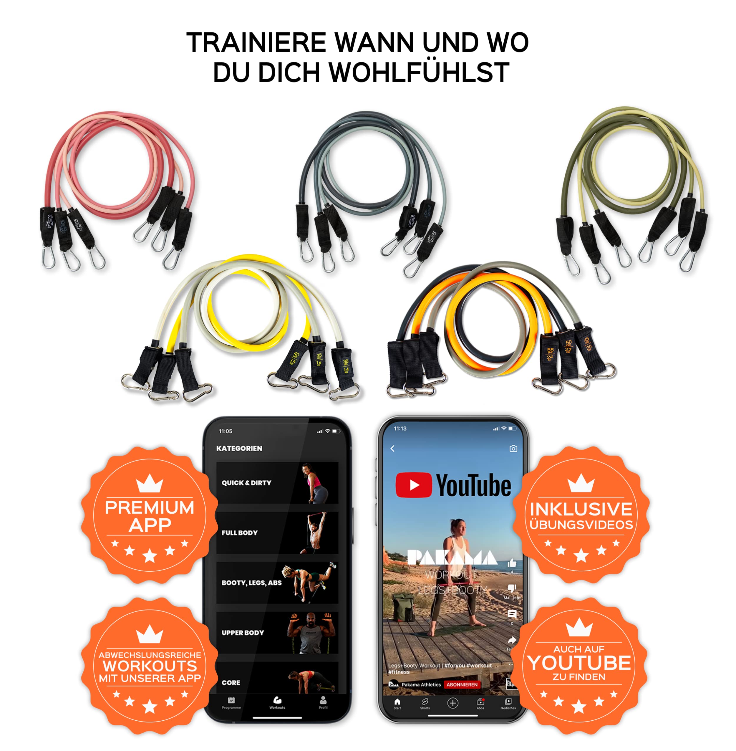 PAKAMA - Premium Widerstandsbänder (inkl. App) mit Stange oder Griffe für Home Workout & Krafttraining Zuhause - Extrem Resistance Bands 4,5kg - 24kg - Fitness-Bänder für bis zu 220kg Widerstand