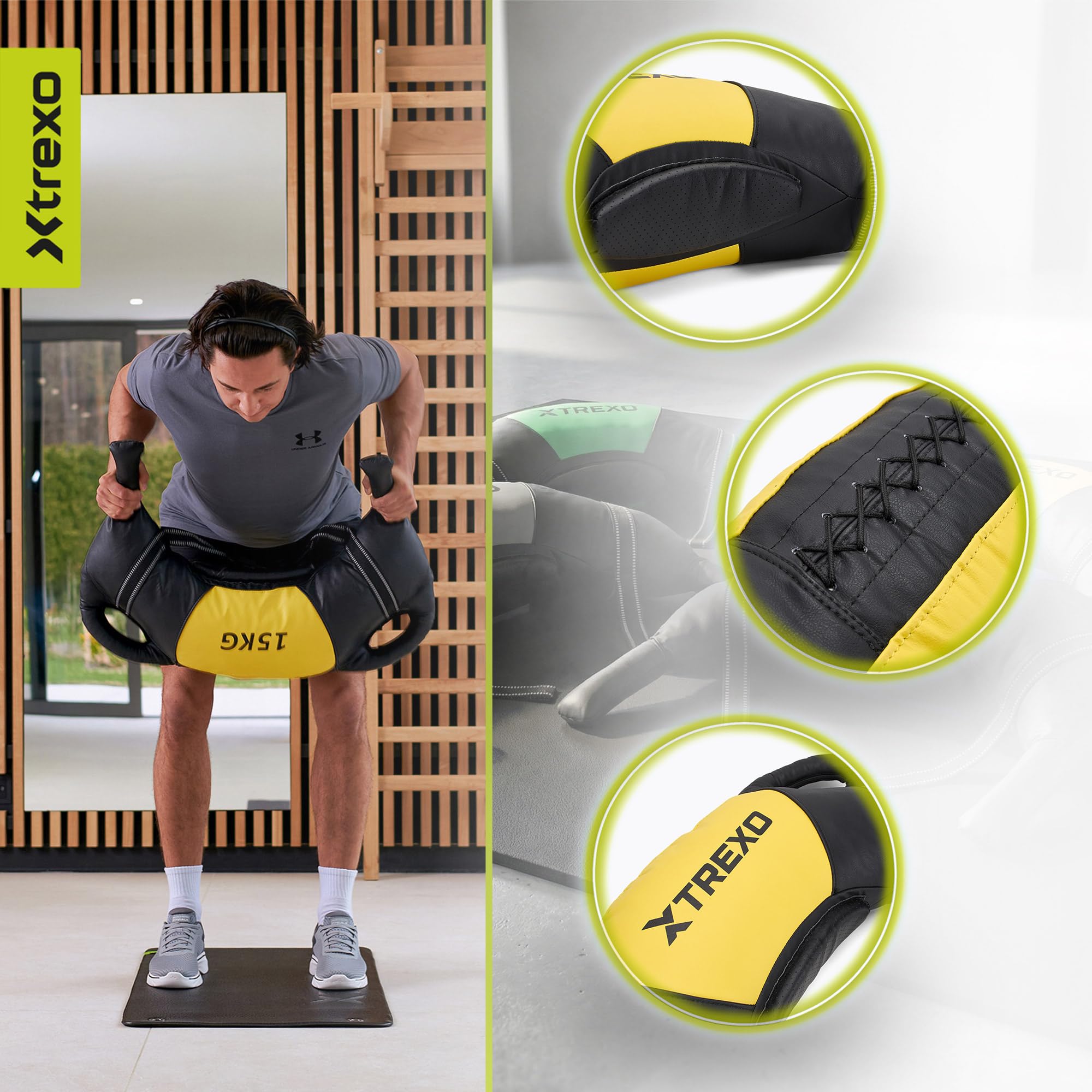 TREXO Bulgarian Exercise Bag 15 kg Entrenamiento Fuerza Fitness Resistencia Hogar y el Gimnasio Bolsa de Entrenamiento de Cuero Eco PU 73 x 40 x 19 cm Saco de Arena Entrenamiento para