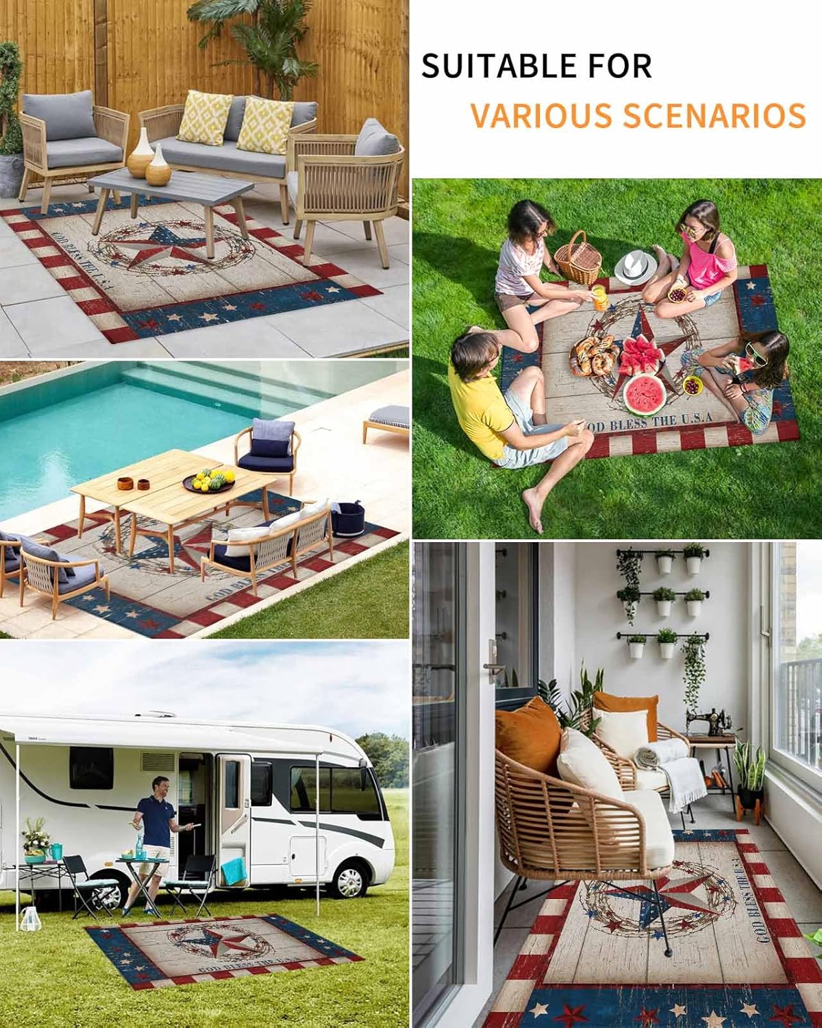 Outdoor Patio Rugs Rustic Star American Flag Stripes Outdoor Area Rug Wood Grain Non-Slip Backyard/Camping RV Rug/Deck/Porch Rug Front Door Floor Mat Carpet,4x6ft,
