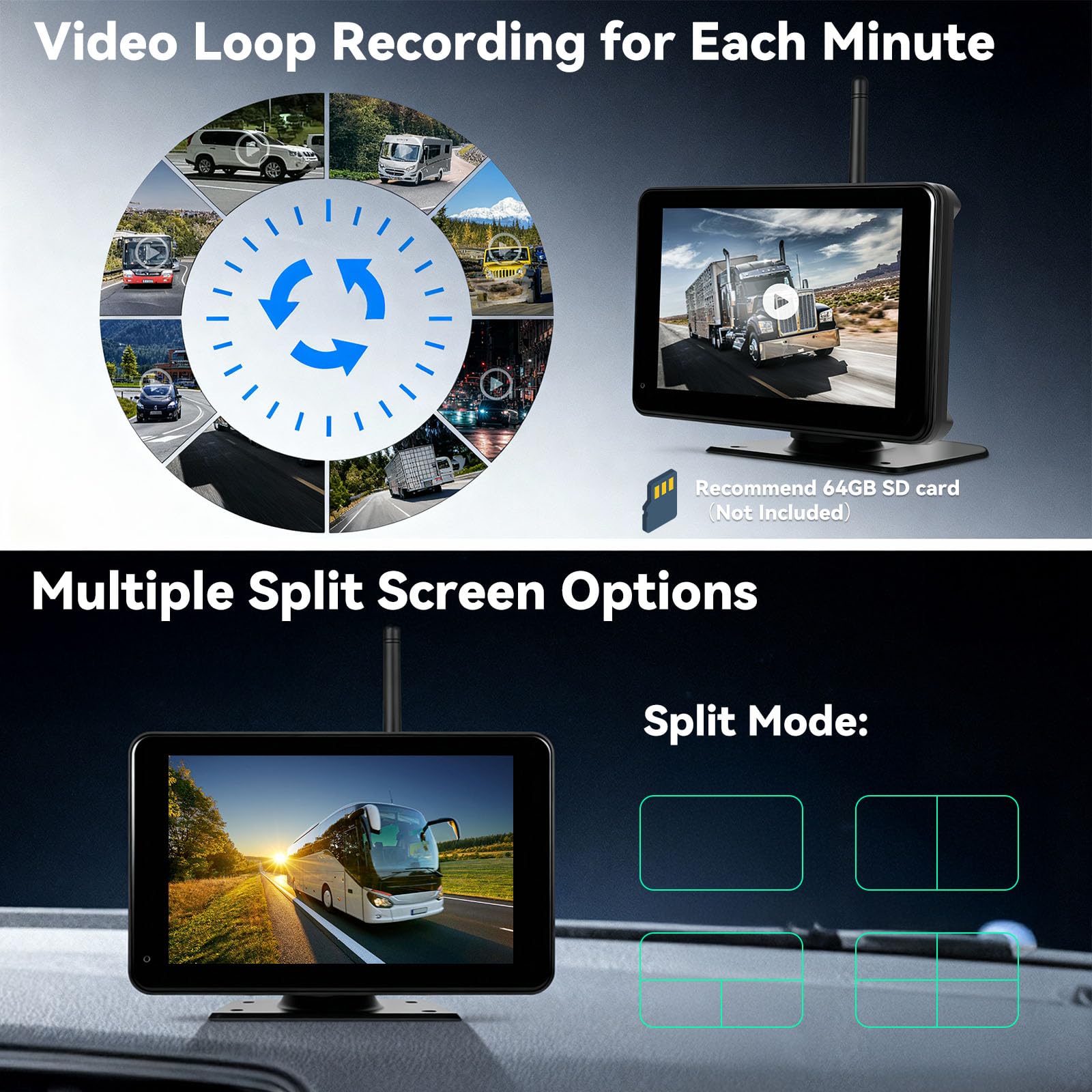 CAMECHO 7'' sans Fil Camera de recul avec Moniteur & IP68 étanche, Vision de Nuit Caméra de recul Voiture avec Zoom Avant/arrière Manuel sur Les séquences, Écran partagé, Détection d'angle Mort BSD