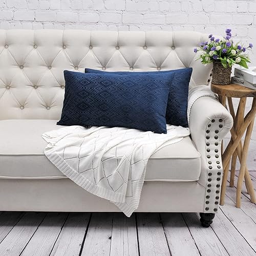 Miniatura 2 de Juego de 2 fundas decorativas de terciopelo con diamantes para cojín lumbar, 14 x 26 pulgadas, funda de cojín rectangular con patrón geométrico