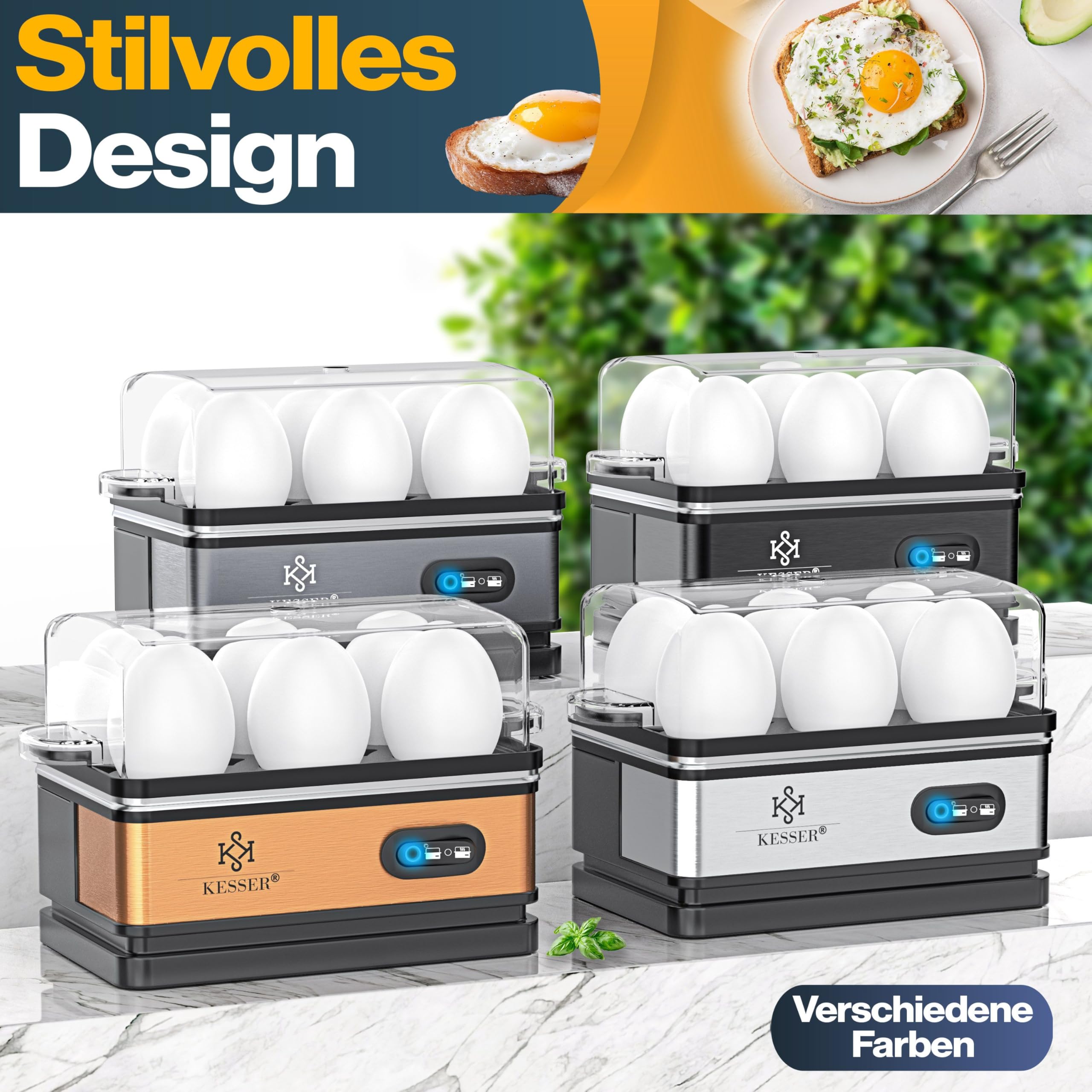 KESSER® Cuit-œufs pour 1 à 6 œufs en Acier Inoxydable 400W & Fonction Maintien au Chaud | Trois degrés de dureté | Sans BPA & Lavable au Lave-Vaisselle | 2x coupelles à Omelette - Argent