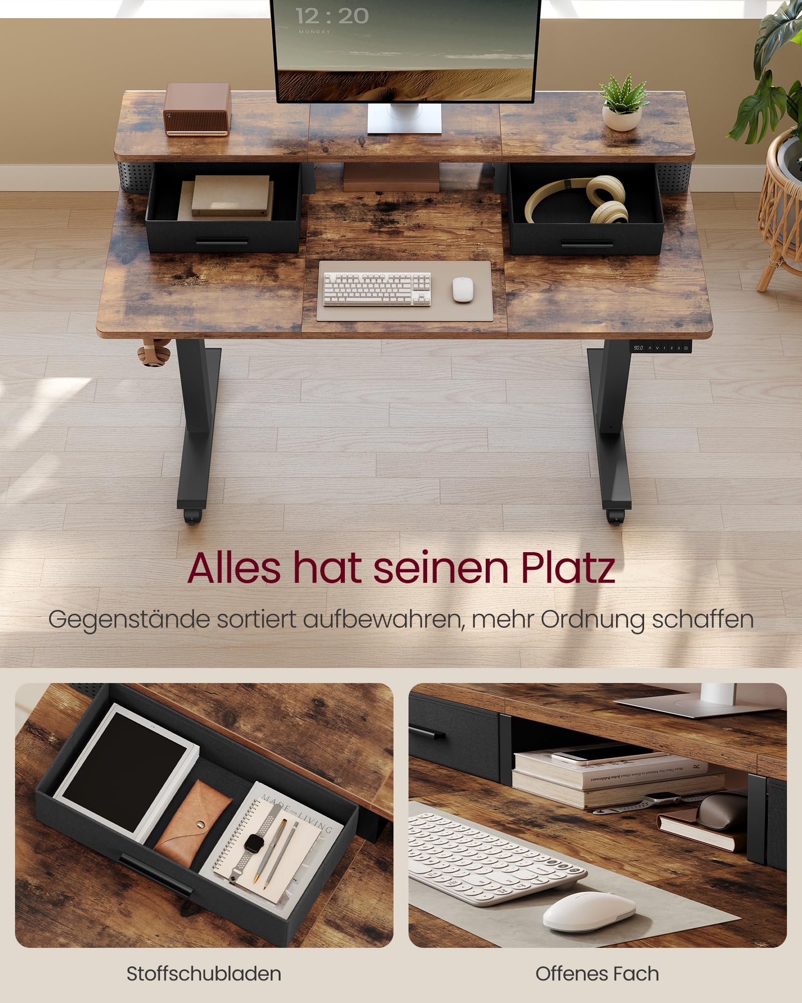 VASAGLE Höhenverstellbarer Schreibtisch elektrisch, 120 x 60 x (72-120) cm, stufenlos verstellbar, mit Monitorständer, Steckdosenleiste, Haken, Memory-Funktion, vintagebraun LSD182KD02