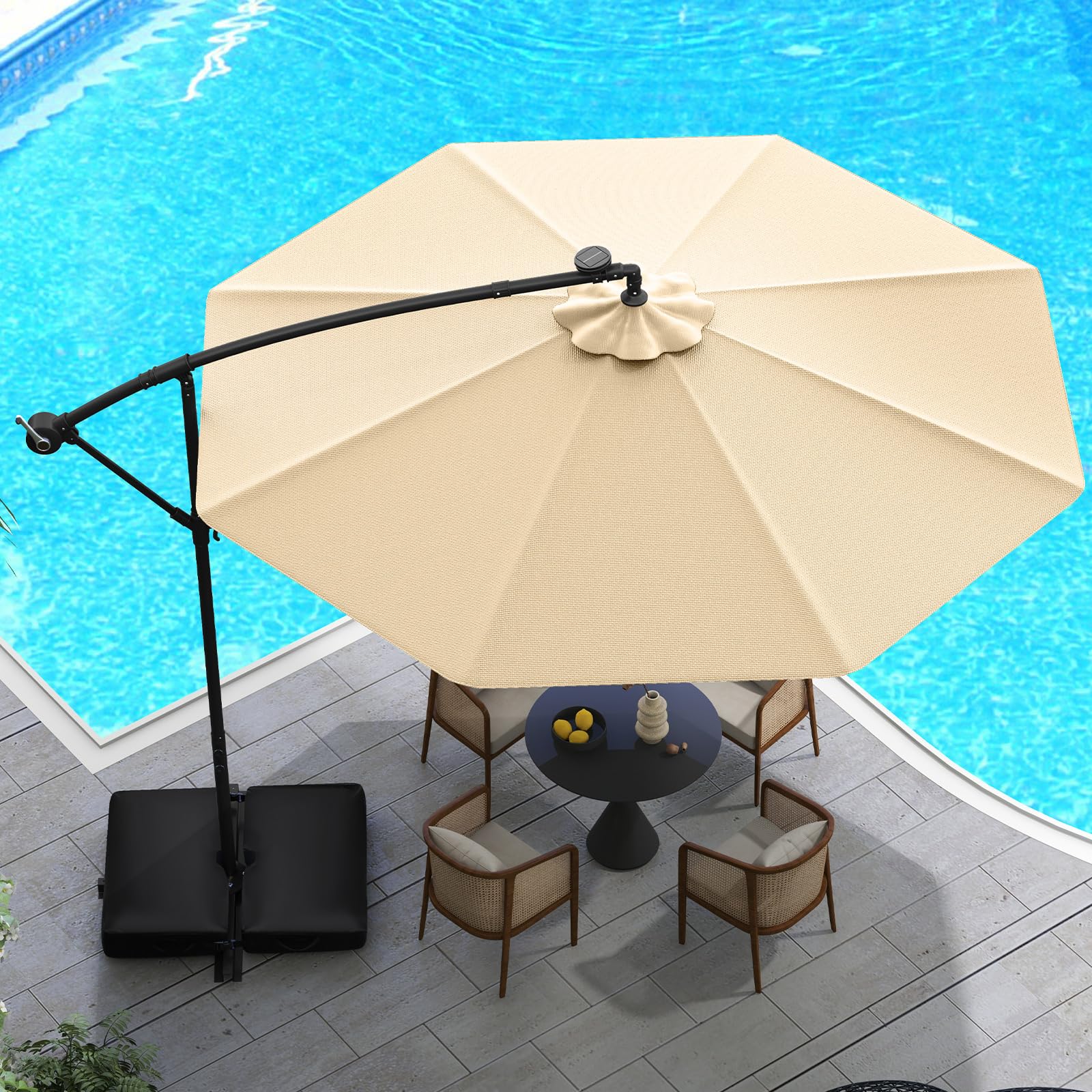 COSTWAY Parasol przeciwsłoneczny 350 cm ze stojakiem i diodami LED, parasol przeciwsłoneczny z korbą, parasol ogrodowy, ochrona przed promieniowaniem UV, parasol na taras, do ogrodu, na taras (beżowy)