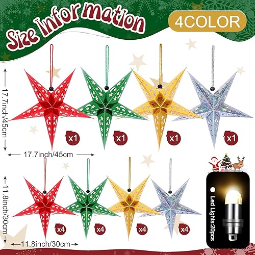 Miniatura 2 de Hortsun Juego de 20 faroles de papel de Navidad con forma de estrella, 2 tamaños, 17.7 pulgadas, 11.8 pulgadas, adornos colgantes de Navidad,