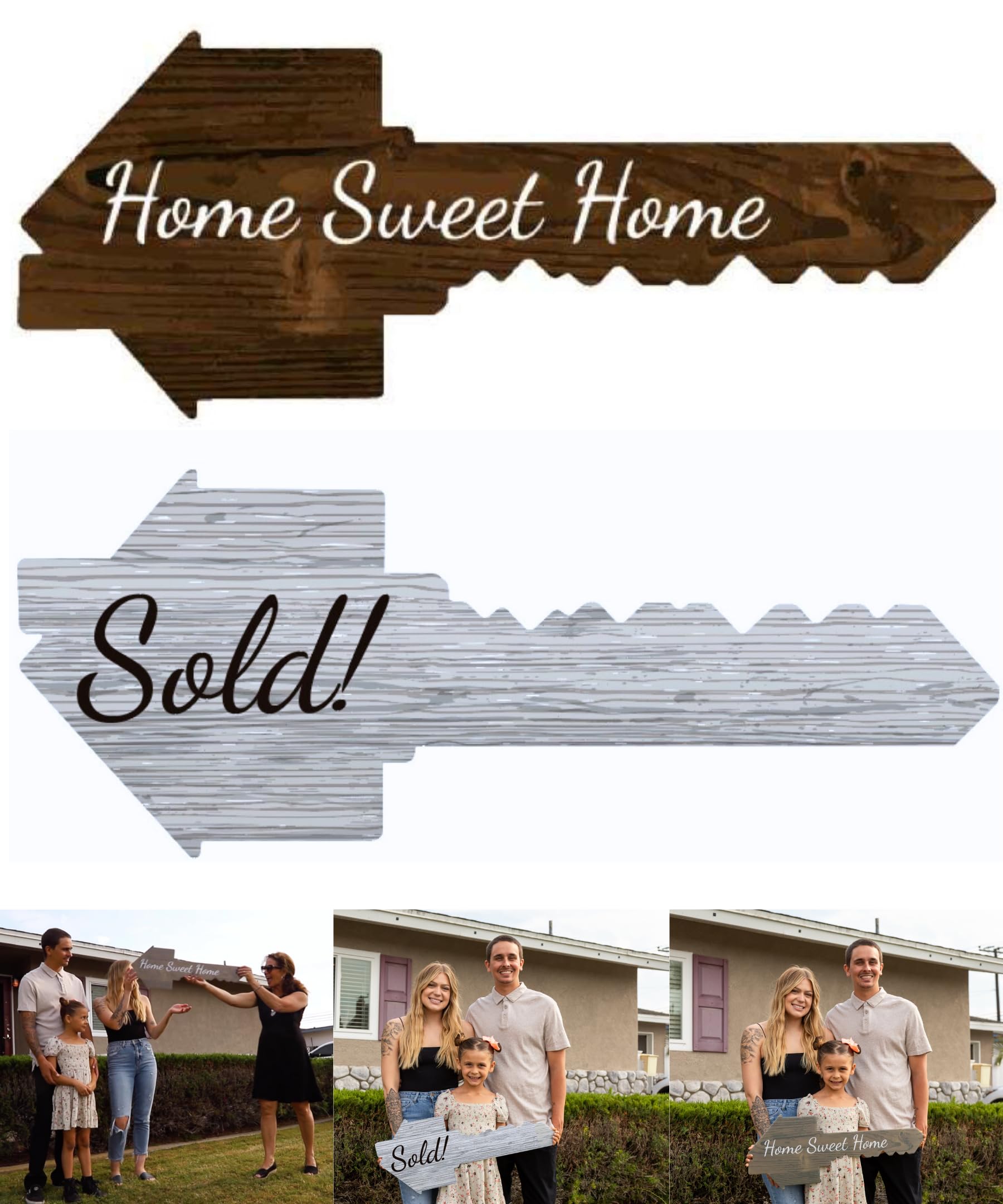 Real Estate Sold Sign | Extra Large Key Shaped | Double Sided | Real Estate Photo Props for Agents and New Home Owner | Closing Gifts for Buyers & Realtor Agent Gift (HomeSweetHome/Sold)