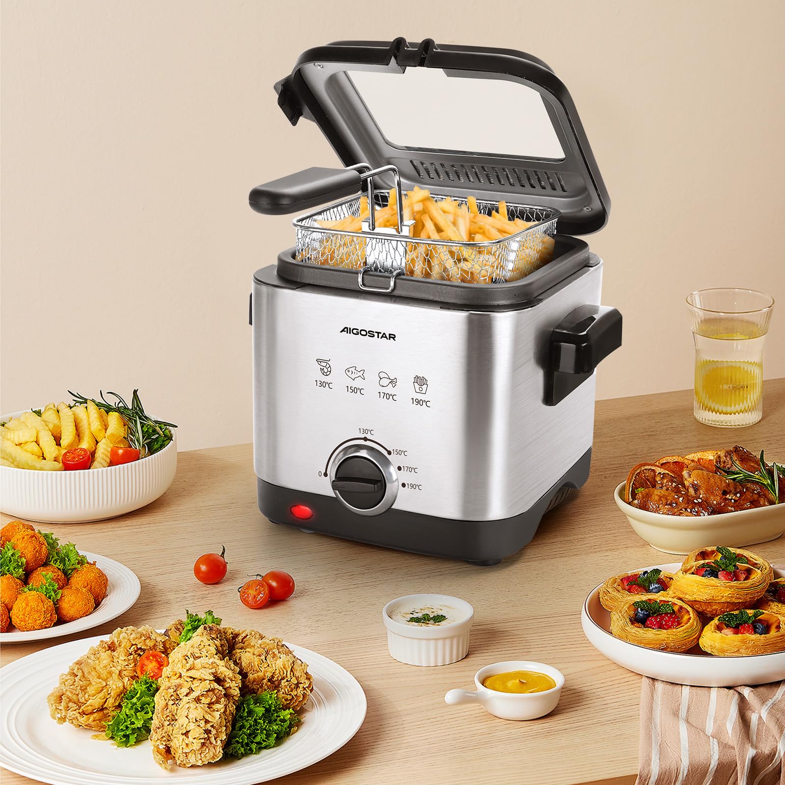 Aigostar Mini Friteuse Électrique 1,5 L | Marmite en Acier Inoxydable 1000W avec Thermostat Réglable 130-190°C