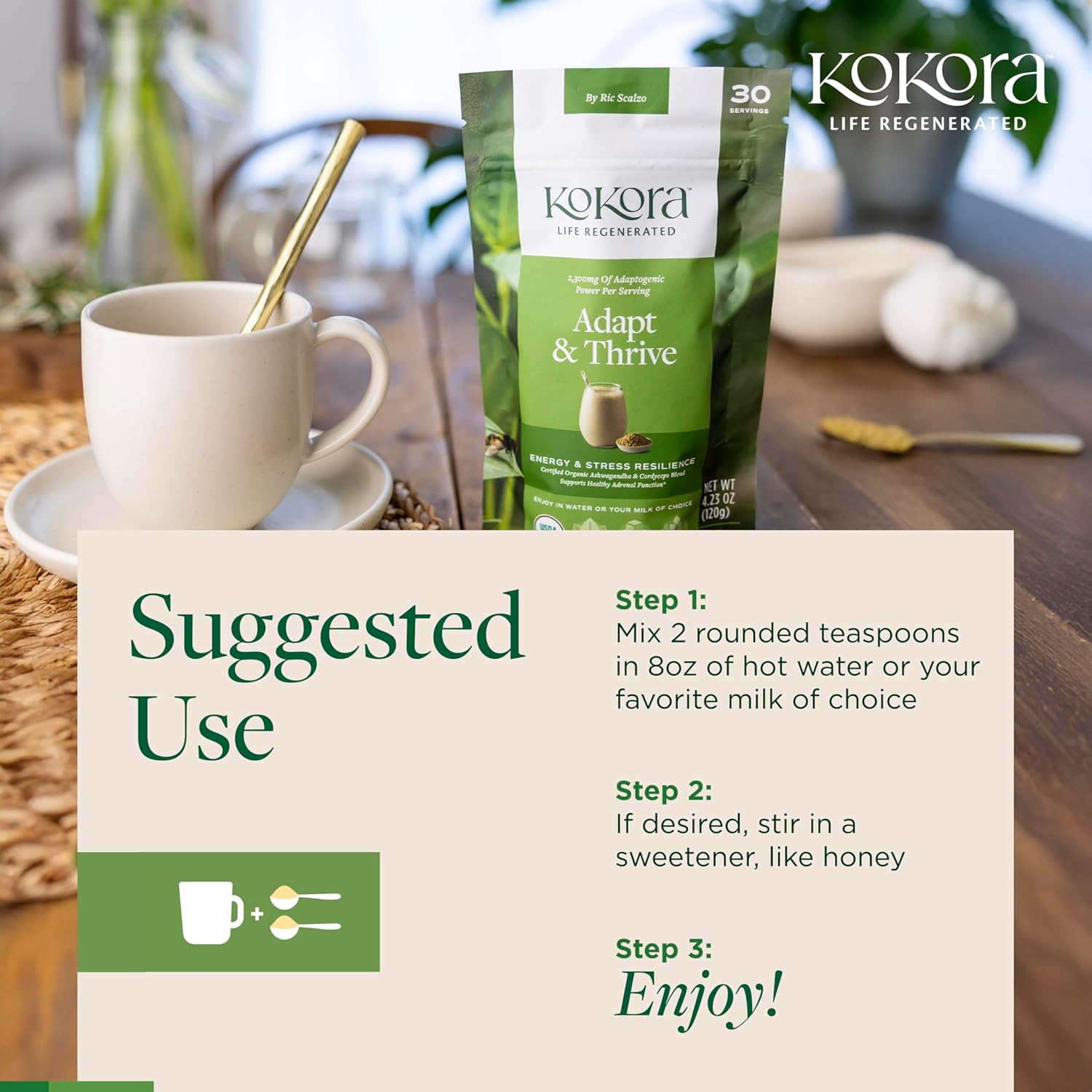 Adapt & Thrive - Energy & Adrenal Support, Stress Relief, Relaxation* - Organic Adaptogenic Mushroom Powder with Ashwagandha and Cordyceps - Vegan, Non-GMO, No Added Sugar - 120g -30 Servings - Image 4