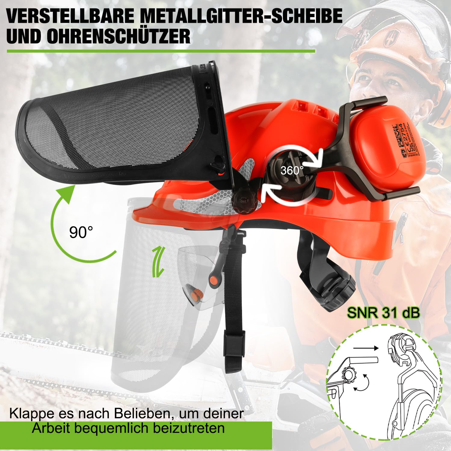 GREEN DEVIL 2910VR Casque de protection pour tronçonneuse EN397 Casque de sécurité double protection des yeux 4 en 1 résistant aux chocs Casque de travail confortable