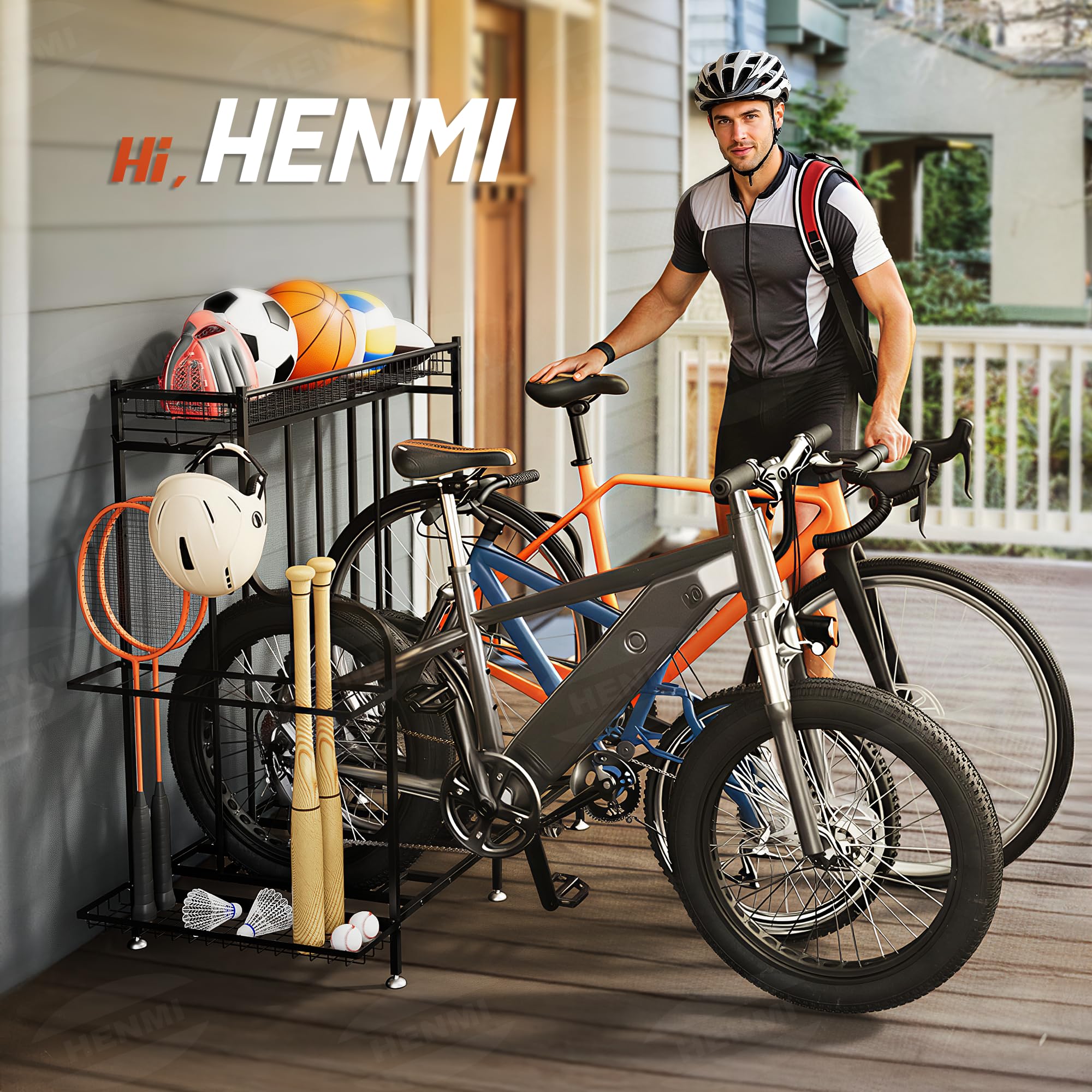 HENMI Fahrradständer Boden für 3 Fahrräder mit Korb und Haken | Einfach zu Montieren, Geeignet für E-Bike, Mountainbike und Rennrad