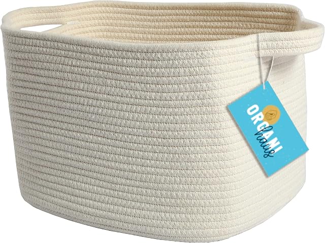 OrganiHaus Rope Magazine Basket with Handles | Decorative Basket for Books | Nursery Basket for Toys & Baby Room | Rectangular Basket for Office Storage Rope Basket for Towels 14 x 9 - White Basket