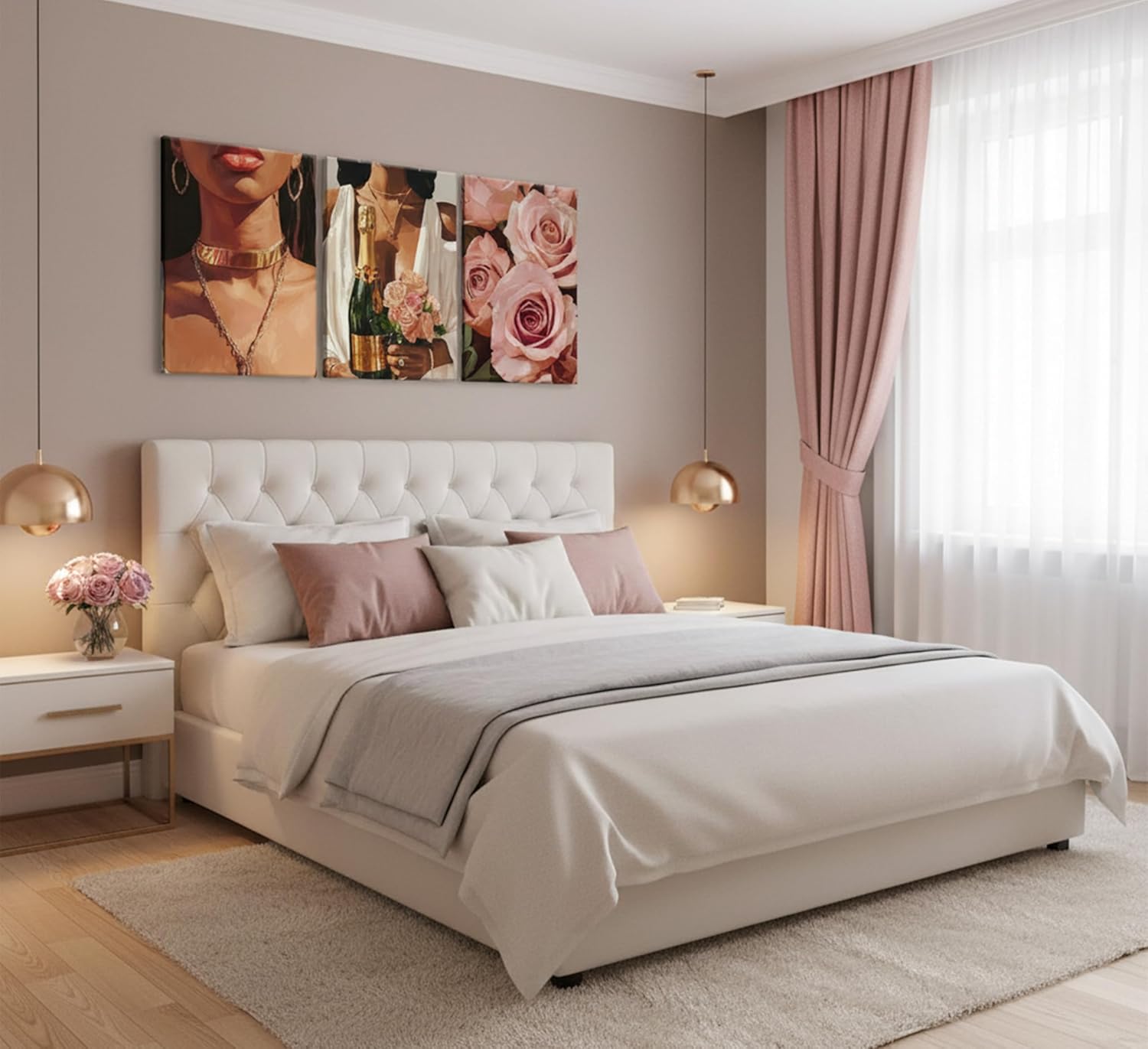 MDHFJEAW Black Girl Canvas Wall Art - Modern African American Woman Decor with Gold Jewelry and Pink Roses, 3 Piece Set Fashion Framed Portrait Painting for Bedroom Living Room Bar, 16x24in