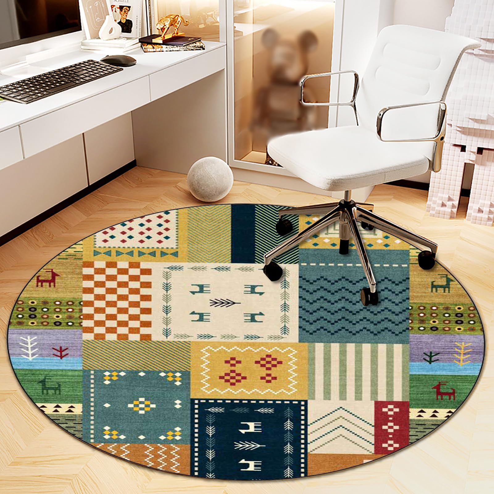 Heavyoff Round Office Chair Mat for Carpet,Easy Glide Hard Wood Tile Floor Mats,Chair Mat for Hardwood Floor,Geometric Patterns Desk Chair Mat for Home Office Rolling Chair, Style 1, 80x80cm