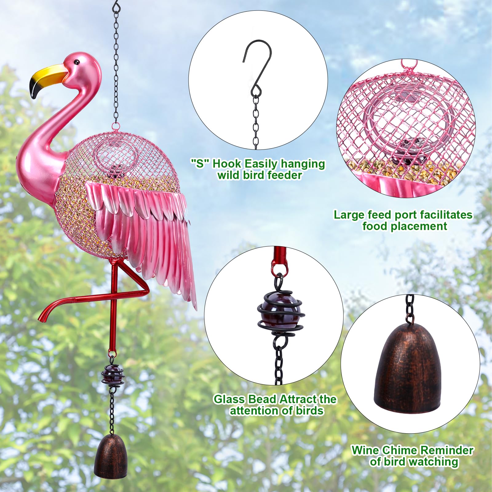 Yinns Comederos para pájaros – Comedero para pájaros silvestres a prueba de ardillas para exteriores, comederos de pájaros con forma de flamencos, comedero colgante de metal para decoración de jardín