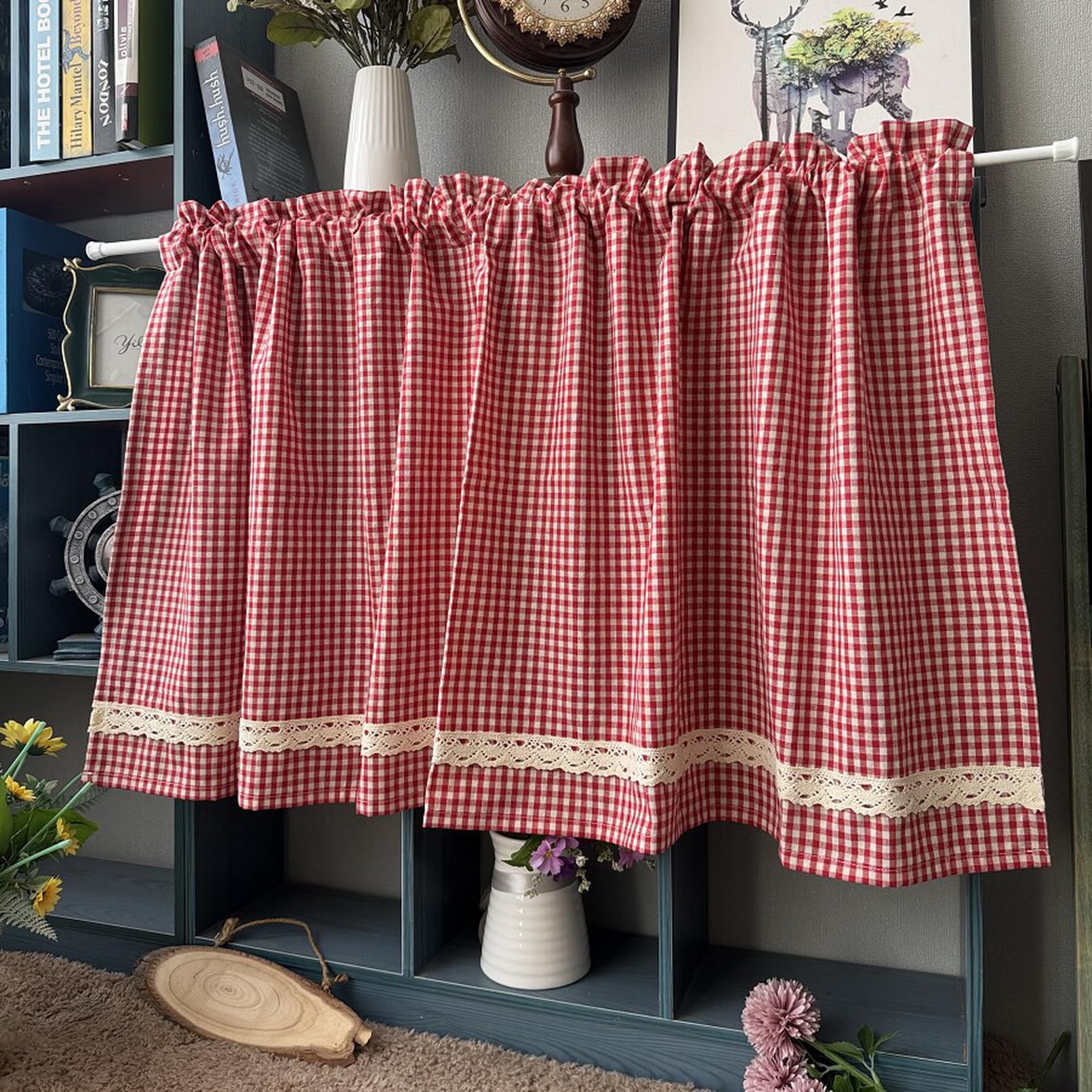 A.Monamour Tenda da cucina in cotone rosso e bianco a quadri in pizzo rurale a quadretti mezza corta tenda da cucina mantovana per piccole finestre bar bistrot