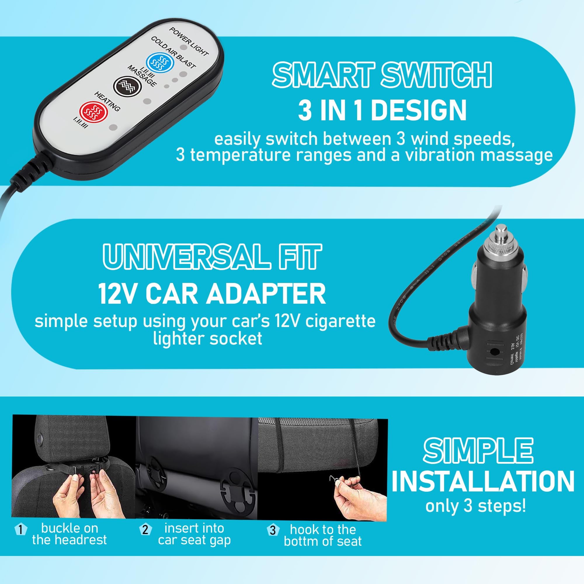 Coprisedile 3 in 1 per auto, con massaggi, per l'inverno, caldo, estivo, rinfrescante, per sedile anteriore, 12 V, in pelle, ventilato, con 16 ventole