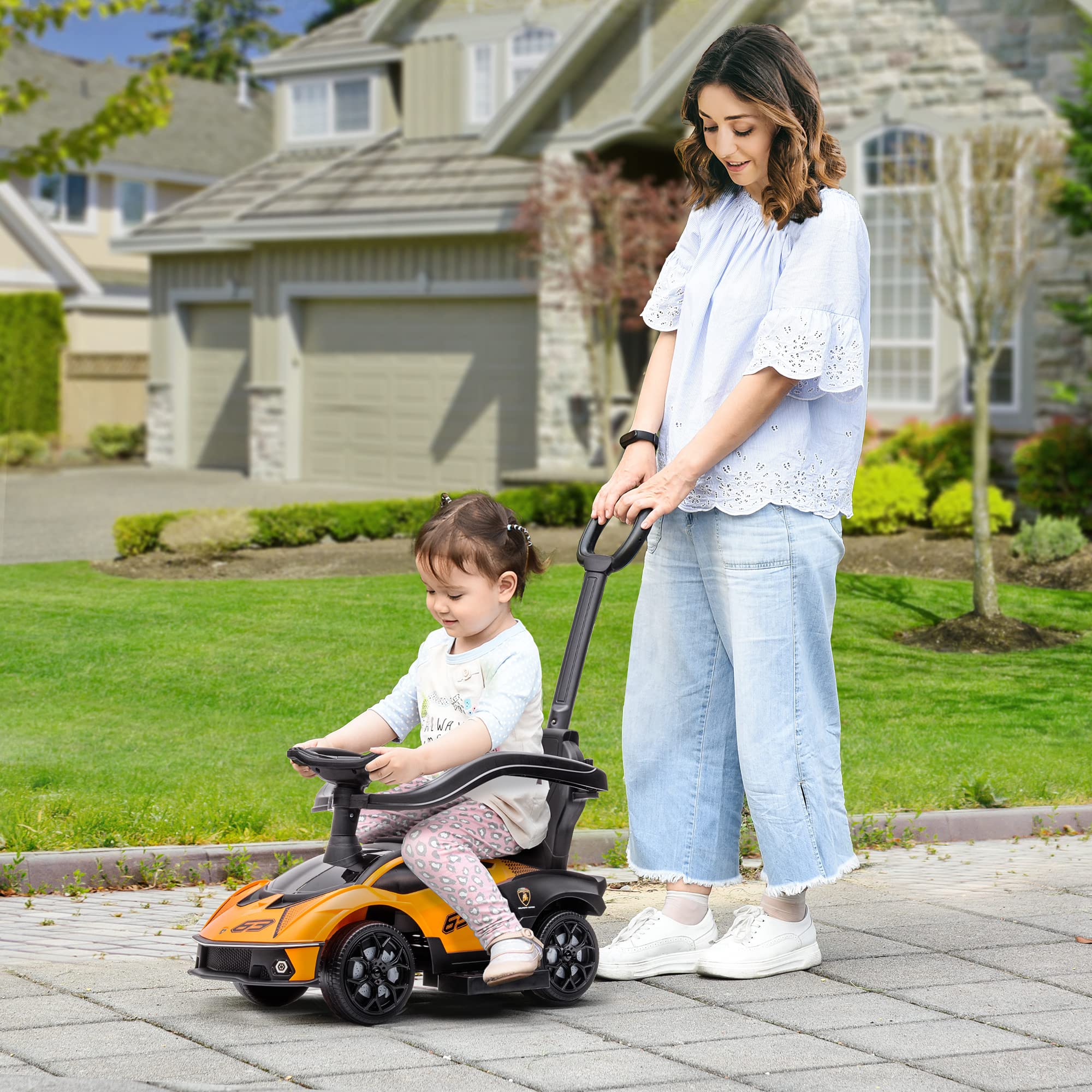 AIYAPLAY Lamborghini Macchinina per Bambini 2 in 1 con Maniglione e Barriera di Sicurezza, Volante e Clacson, Auto per Bambini in PP e Metallo, 86.5x40x89.5 cm, Arancione e Nero