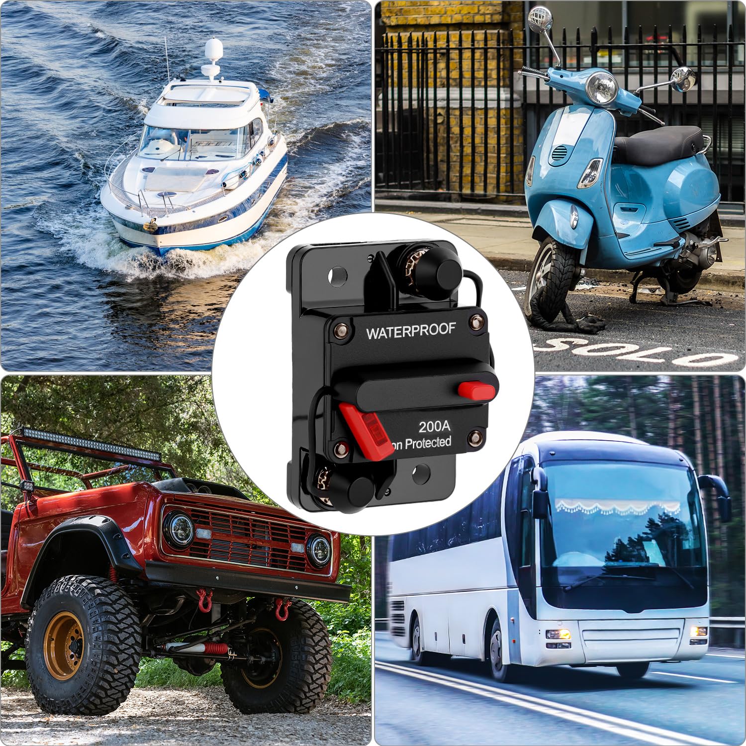 QWORK® Wyłącznik automatyczny 200 A, wyłącznik automatyczny z ręcznym resetowaniem, 12 V-48 V DC, do samochodów, łodzi i ciężarówek