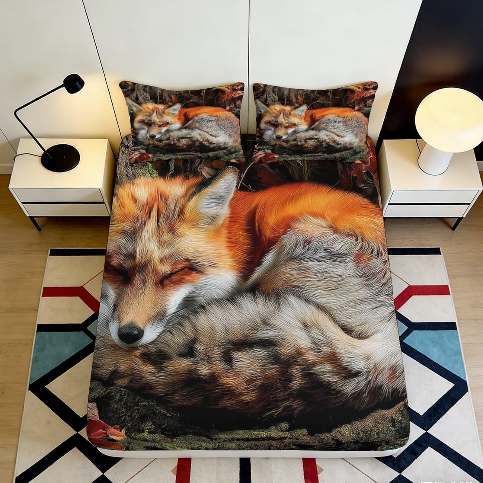 3D Printed Fox Pattern Fitted Sheet Microfiber Soft Breathable Sleeping Fox Bed Cover for Bedroom Dormitory Guest Room Mattress Protection Decor 160x200x25cm