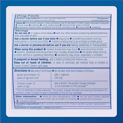 Miniatura 5 de Major Banophen Diphenhydramine HCI - Cápsulas de 50 mg - Alivio temporal de los síntomas de la fiebre del heno y alergias respiratorias superiores -