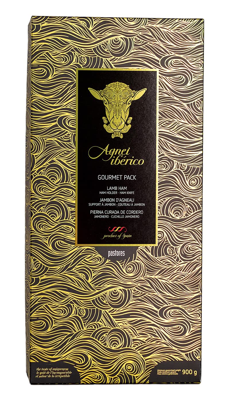 Agnei Ibérico - Pierna Curada de Cordero - Envasada al Vacío - Estuche Regalo con Jamonero y Cuchillo (1 kg Aprox)