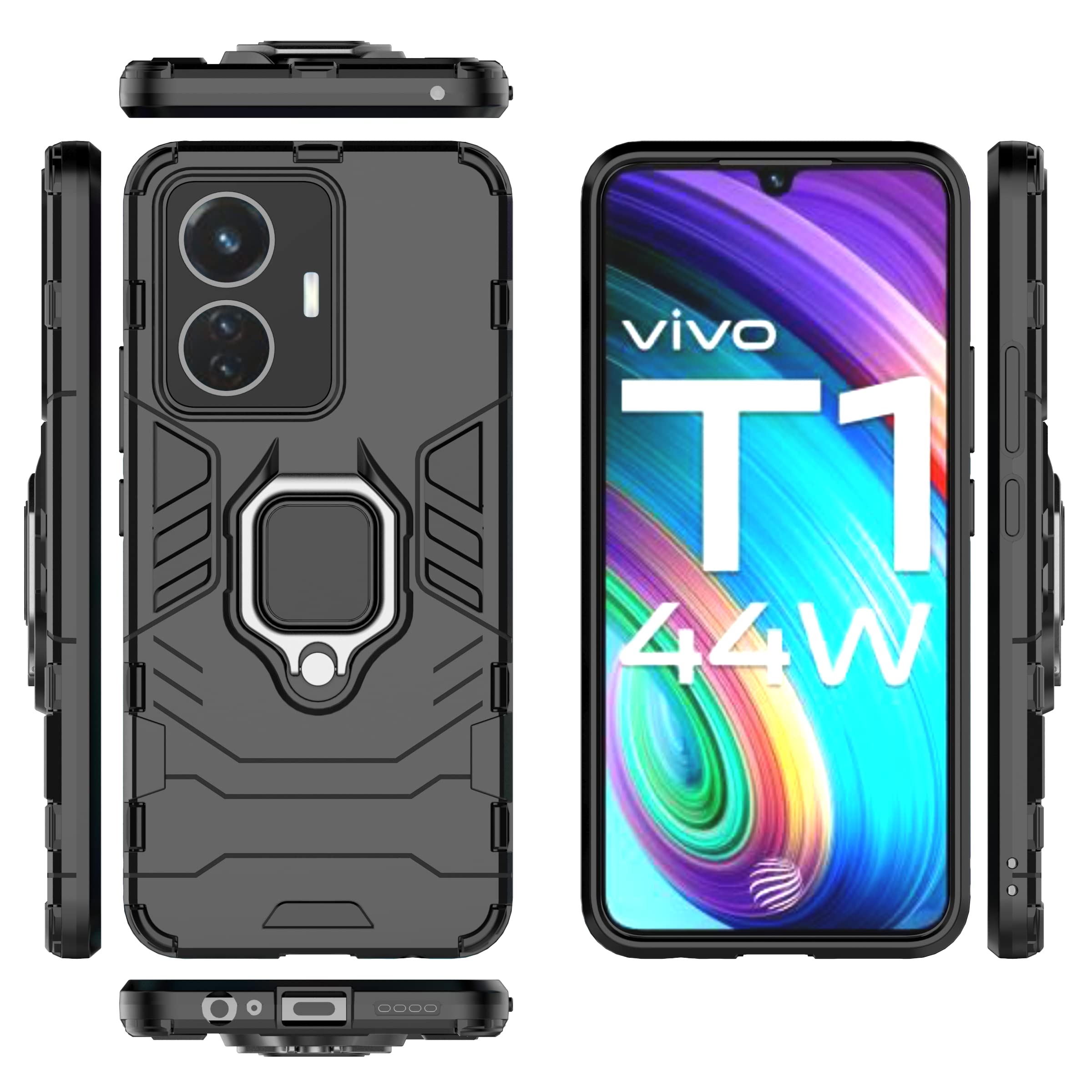Compatible with Vivo T1 (Snapdragon 680) Case,Compatible with Vivo iQOO Z6 44W / Vivo Y55 Case Ring Stand 2 in 1 Phone Case Cover Black