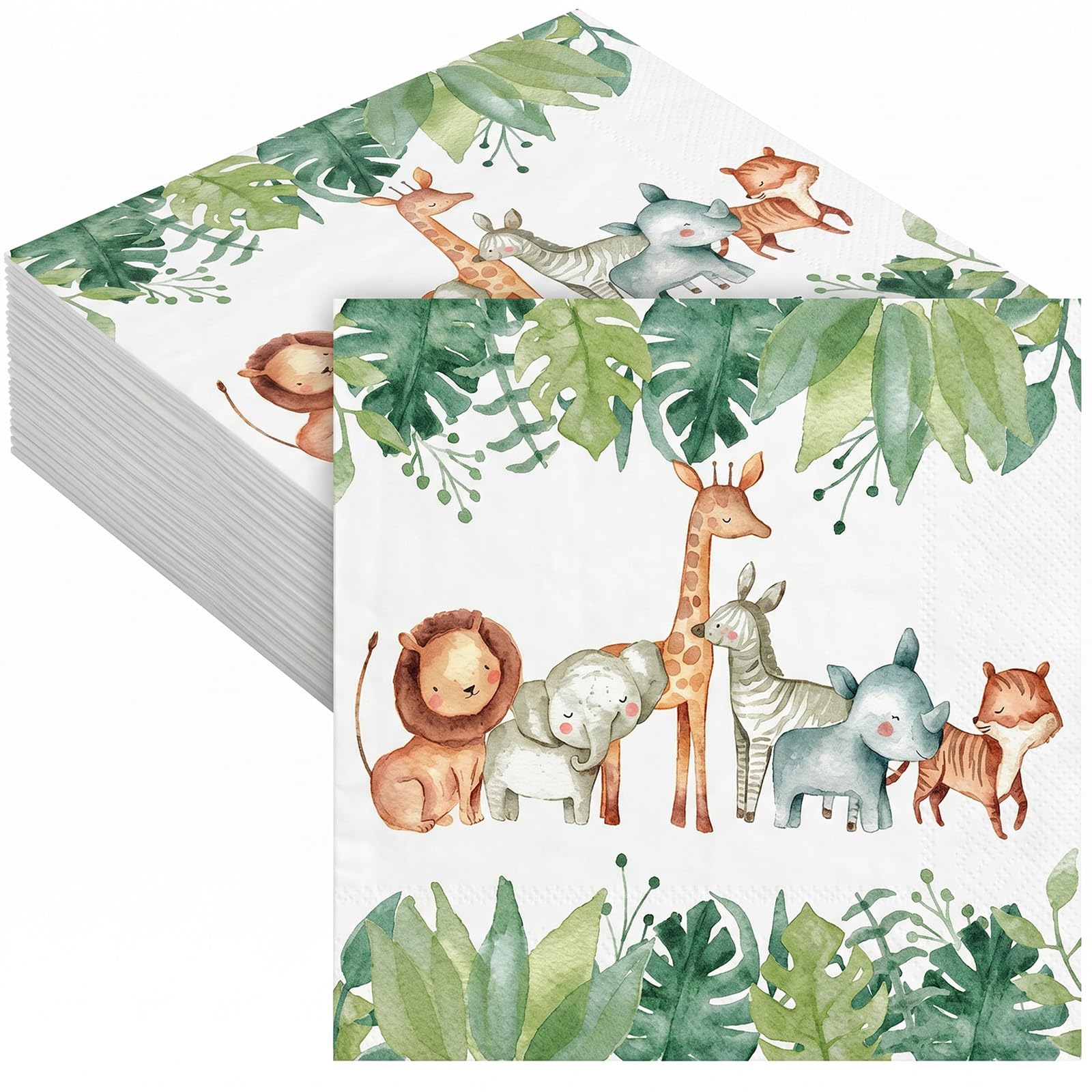 40 Pcs Jungle Safari Animals Napkins, Watercolour Woodland Theme Paper Serviettes, Cute Tableware Decorations for Baby Shower Kids Birthday Party & Gender Reveal — image 1