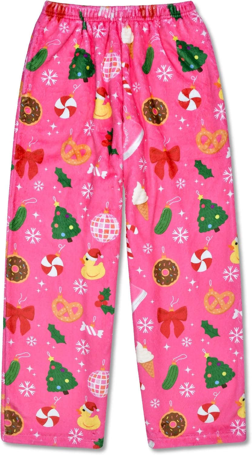 iscream Big Girls Silky Soft Plush Fun Print Fleece Pants - Holiday Brights Collection