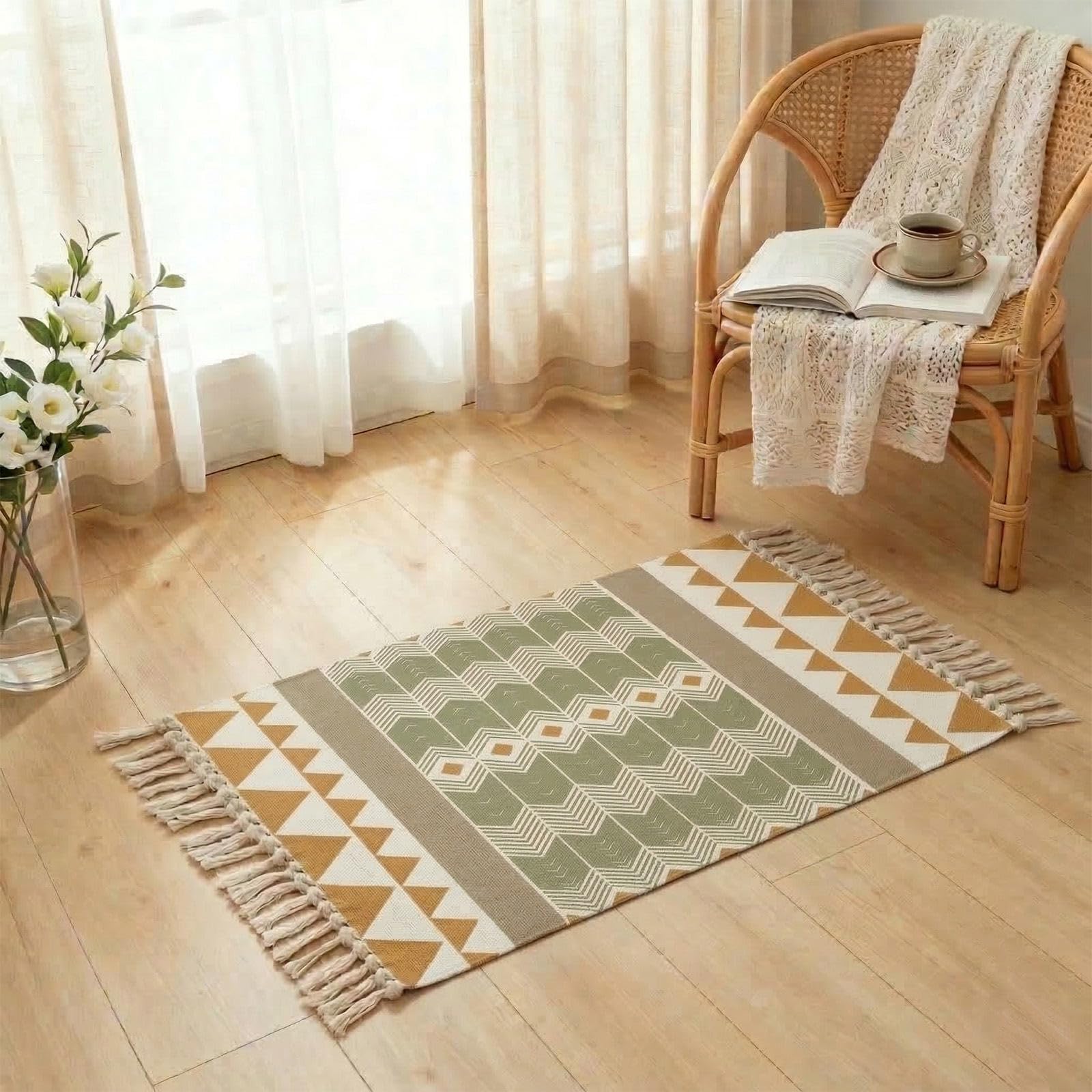 MORROWCAMP Boho Cotton Small Rug 58x88 cm with Tassels, Woven Washable Rug, Soft Bedside Rug for Bedroom, Decorative Accent Rug for Entryway, Kitchen Indoor, Chevron Stripe — image 1