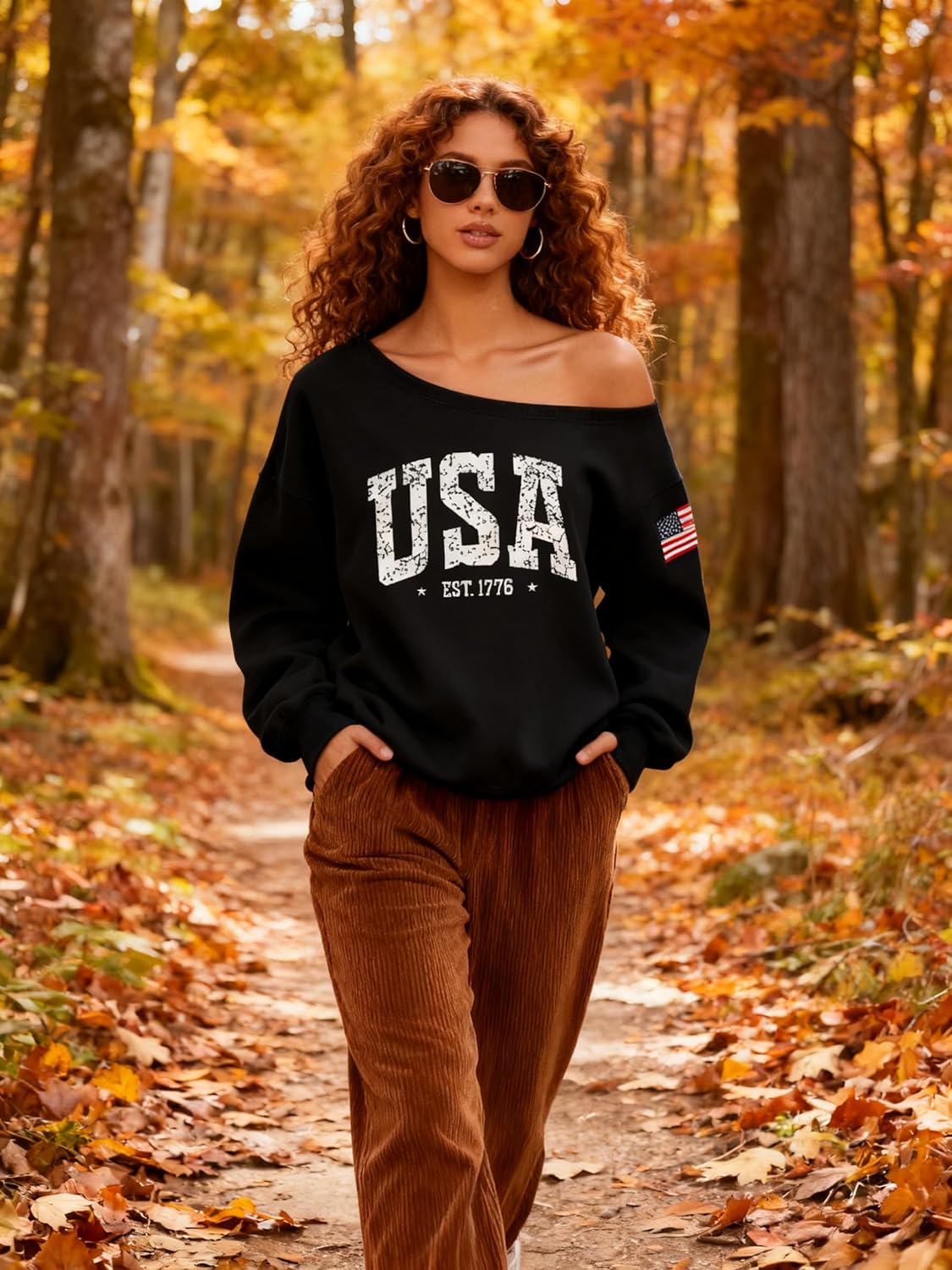 Dressmine Womens Sexy Off Shoulder Sweater USA Sweatshirts Long Sleeve Patriotic Shirt American Flag Hoodie Pullover - Image 4