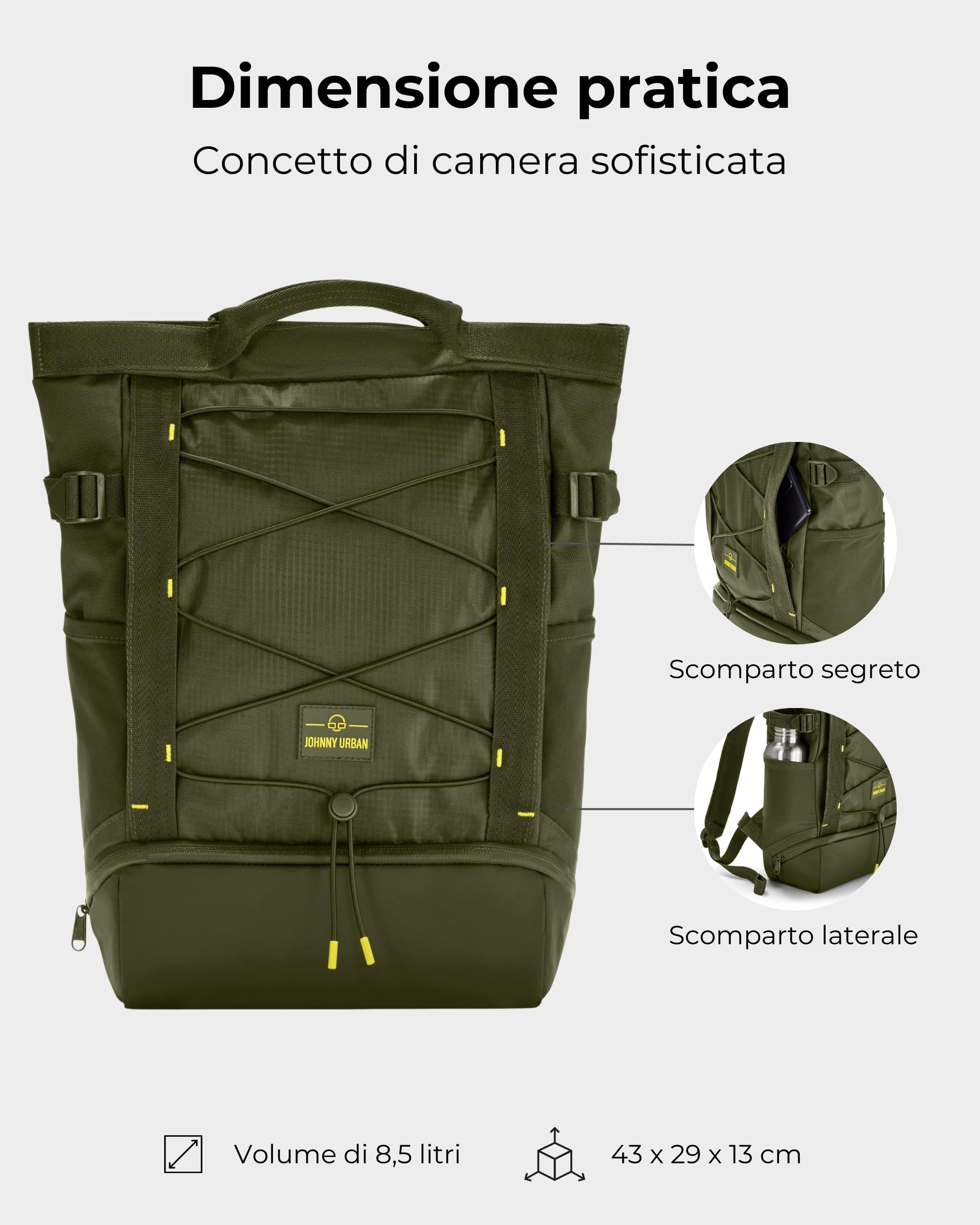 Johnny Urban Zaino Uomo Donna Verde - Harper - Zainetto Da Viaggio Sport Tempo Libero Con Molti Scomparti - Scomparto Per Porta PC 16 Pollici - Idrorepellente