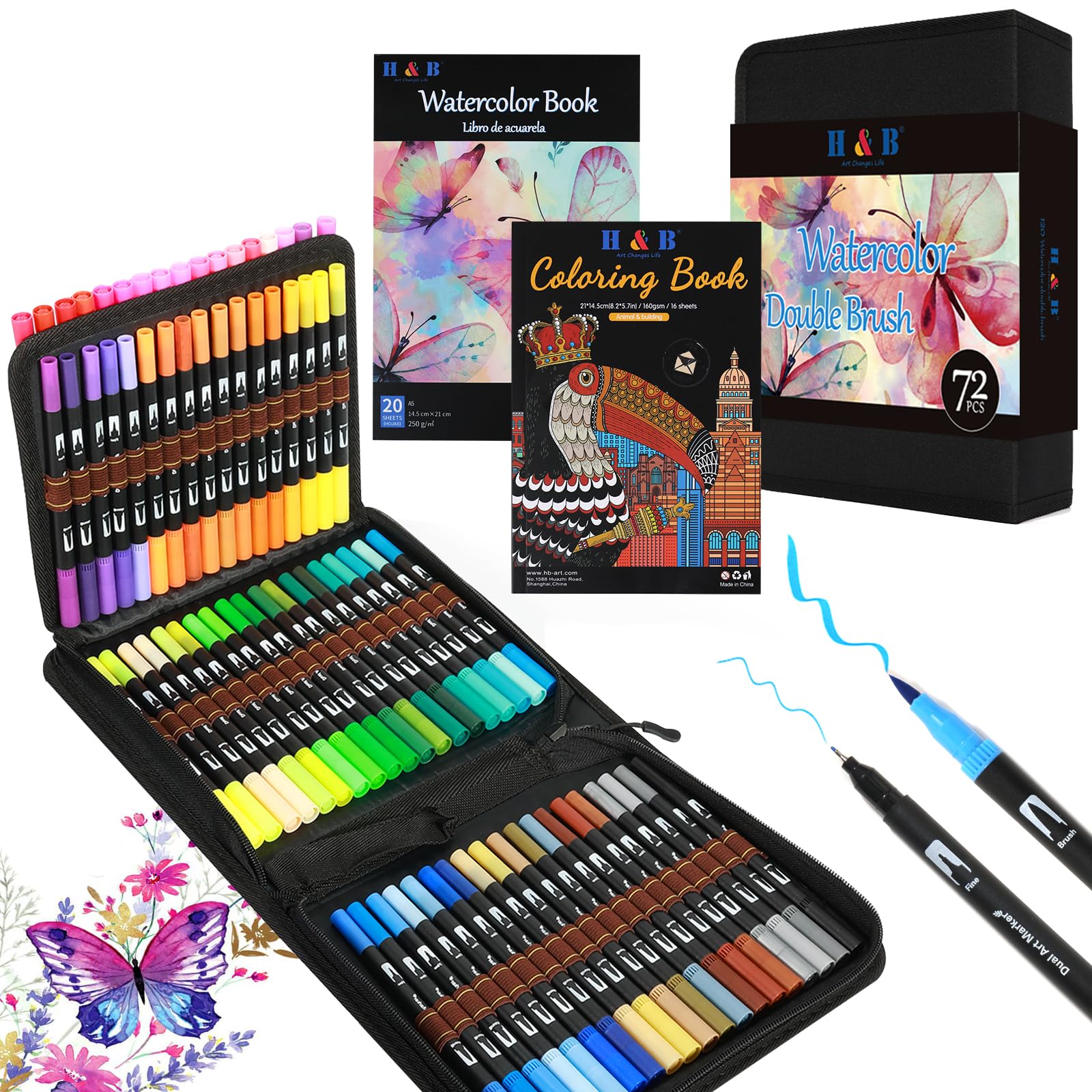 H & B Rotuladores de doble pincel de 72 colores con punta fina, rotuladores de punta de fieltro para adultos y niños, bolígrafos de colores con estuche para dibujar, bocetos, Pascua, Navidad