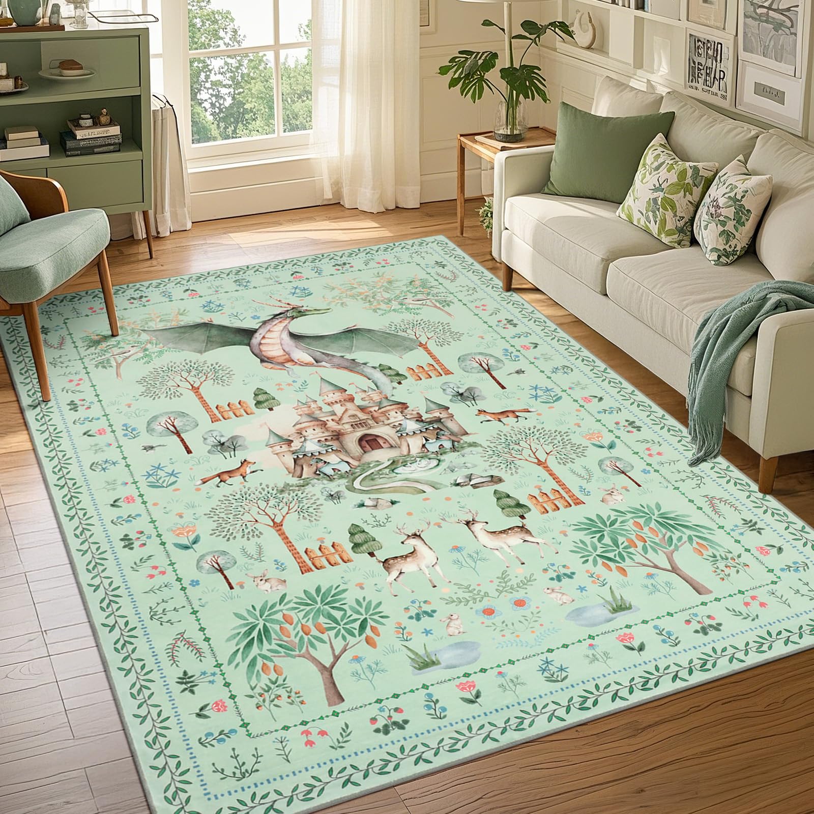 TUKDAK Washable Area Rugs for Living Room 160x230cm, Green Dragon Animal Bedroom Rugs Non Slip Rubber Backing, Soft Jungle Forest Low Pile Floor Carpet for Kids Office Dining Room Kitchen Nursery Room — image 1