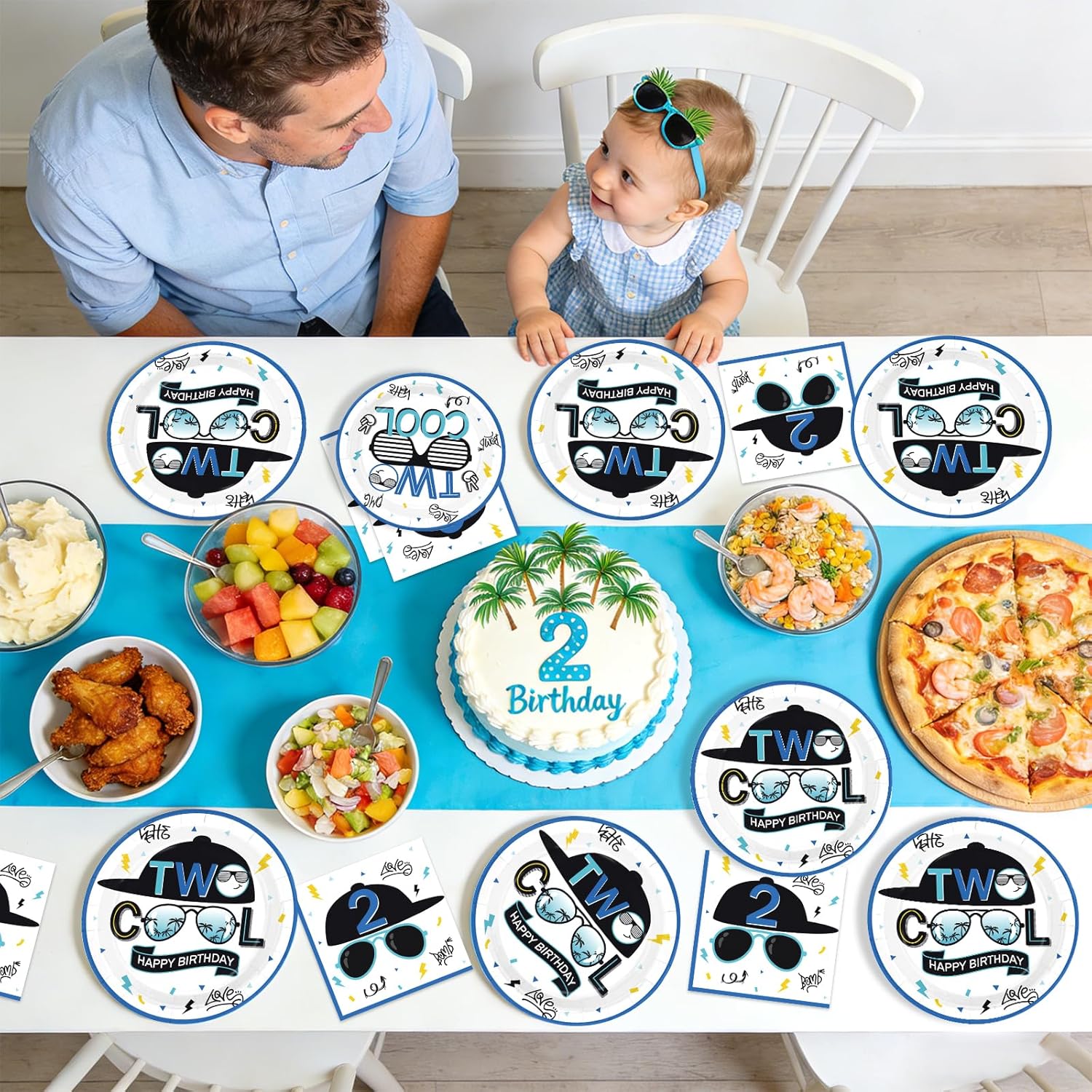 96Pcs Two Cool Birthday Party Decorations Blue 2nd Birthday Plates and Napkins Palm Frond Sunglasses Disposable Paper Tableware Set for Boys 2 Year Old Party Supplies Serves 24