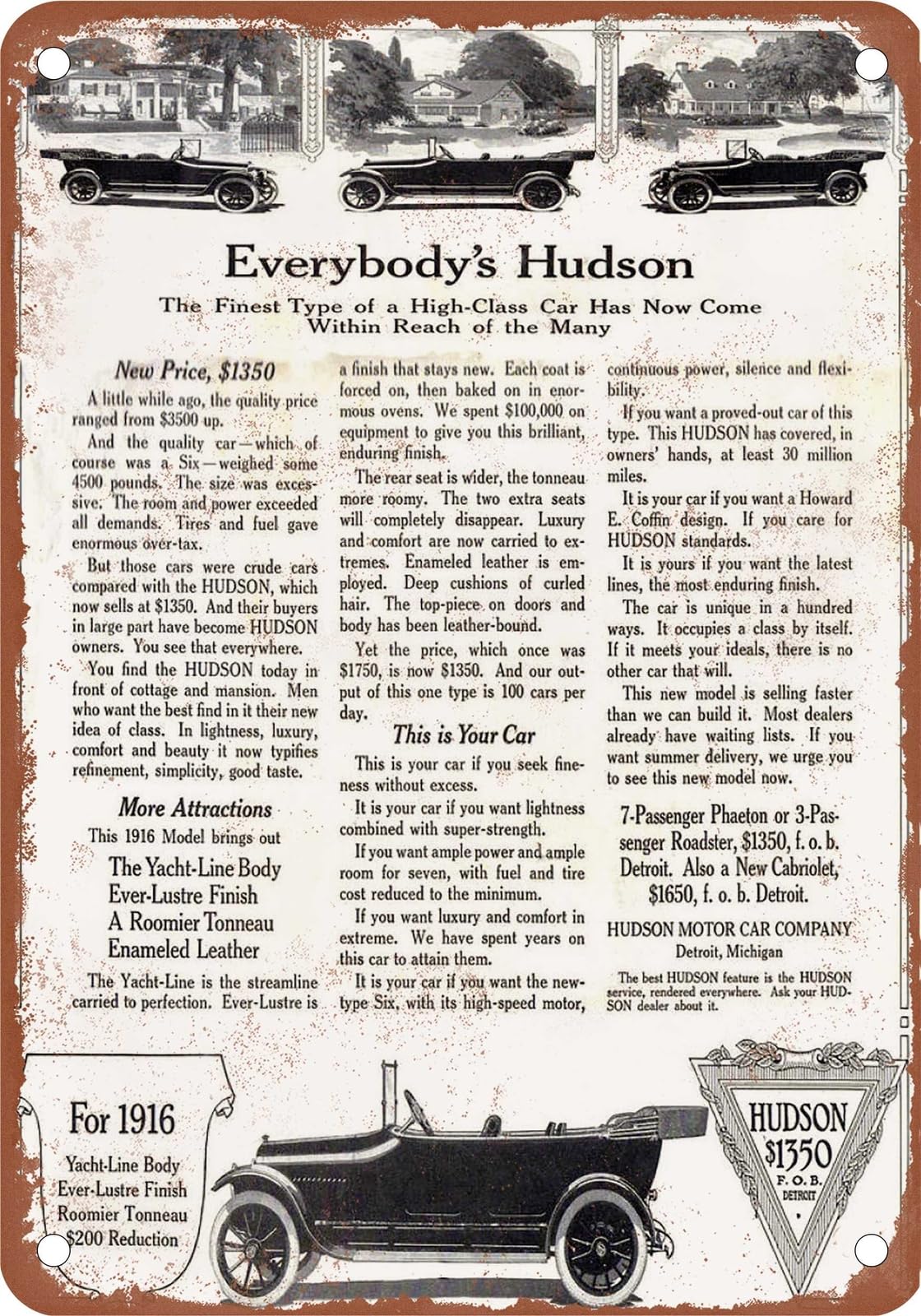METAL SIGN - 1916 Hudson Vintage Ad 07 - Old Retro Rusty Look home decor